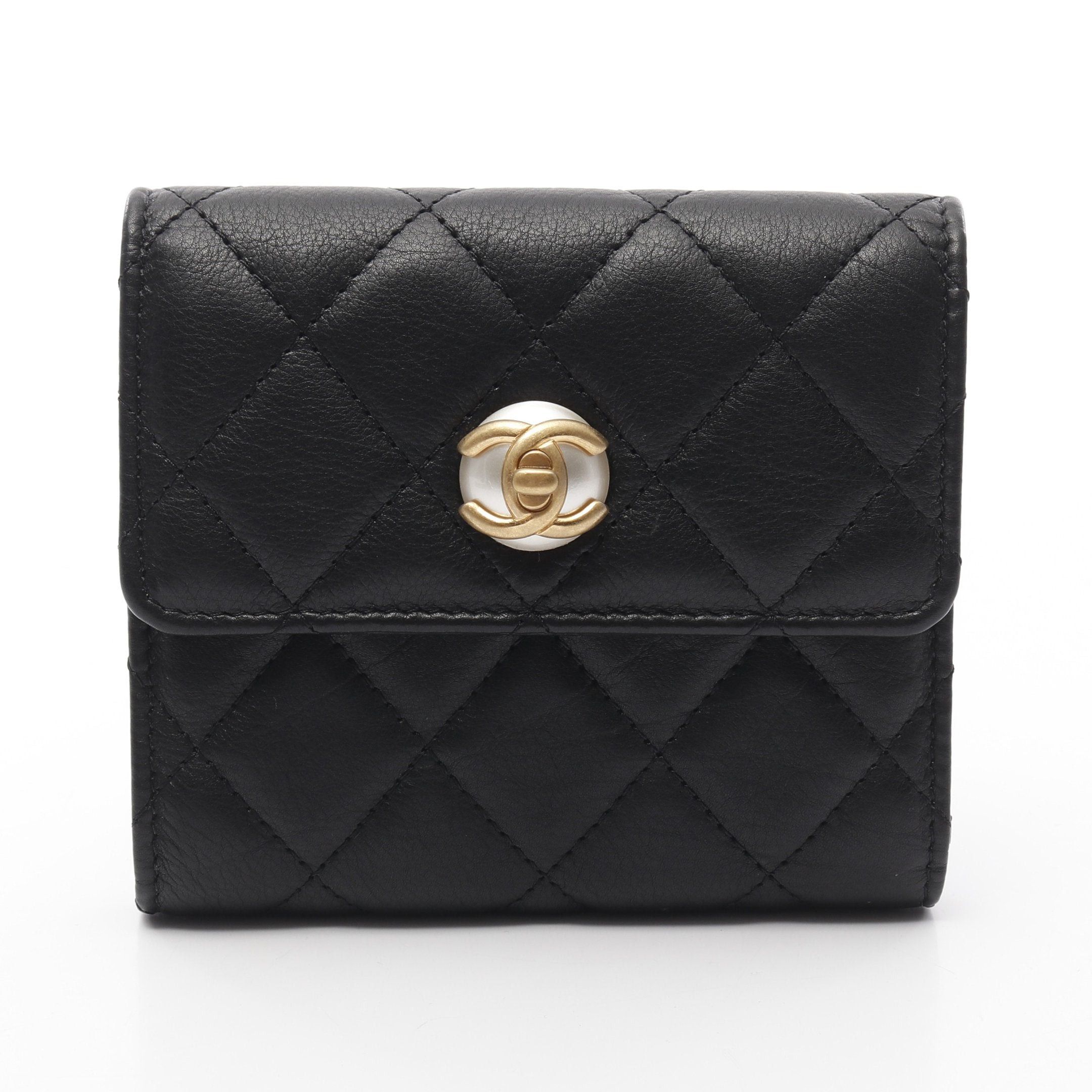 Chanel Chanel Matelasse Coco Mark Pearl Trifold Wallet Leather Black Gold Hardware Size ONE SIZE - 1 Thumbnail