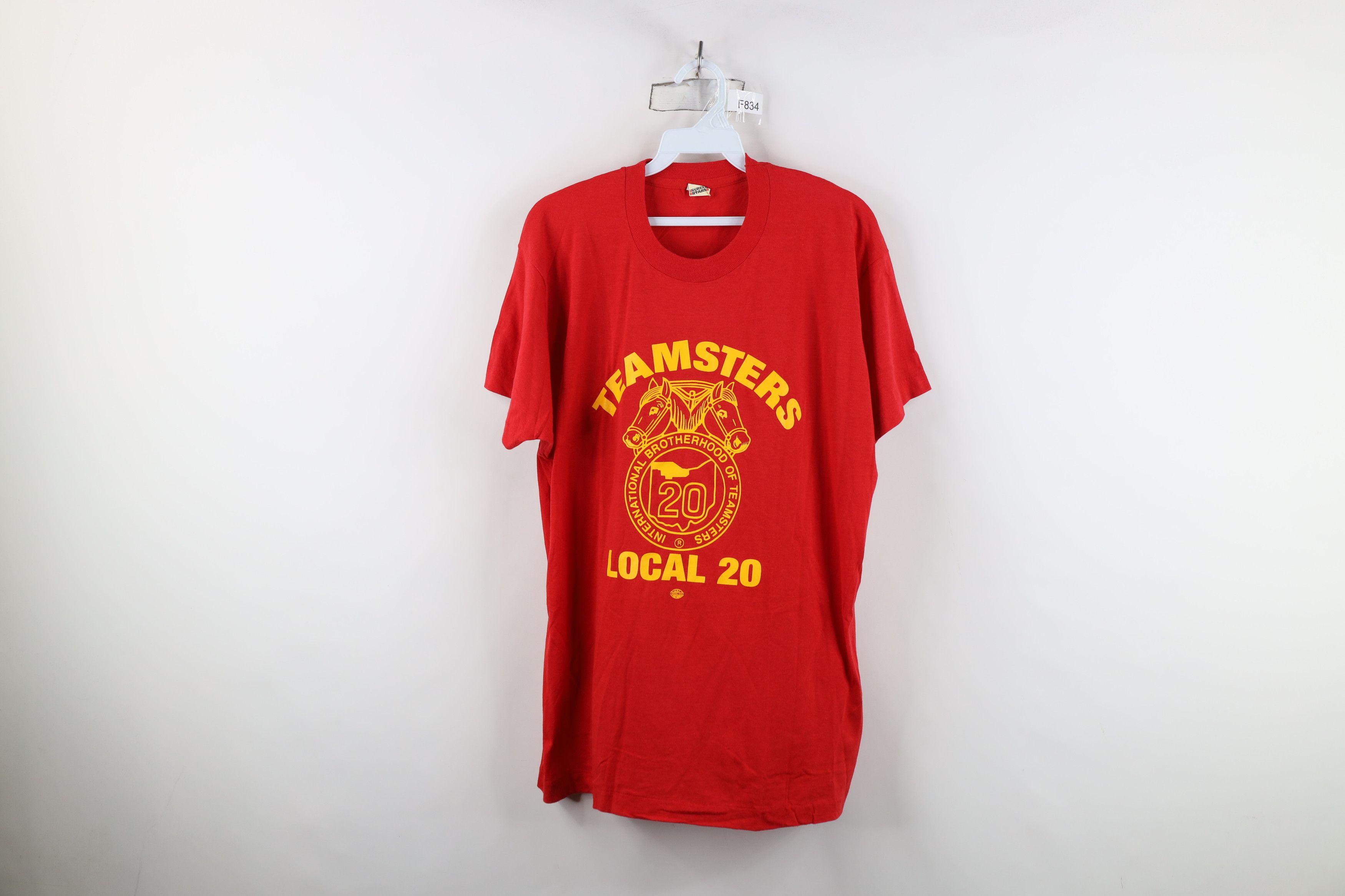Vintage Vintage 80s Spell Out Teamsters Local 20 T-Shirt Red USA Size US XL / EU 56 / 4 - 1 Thumbnail