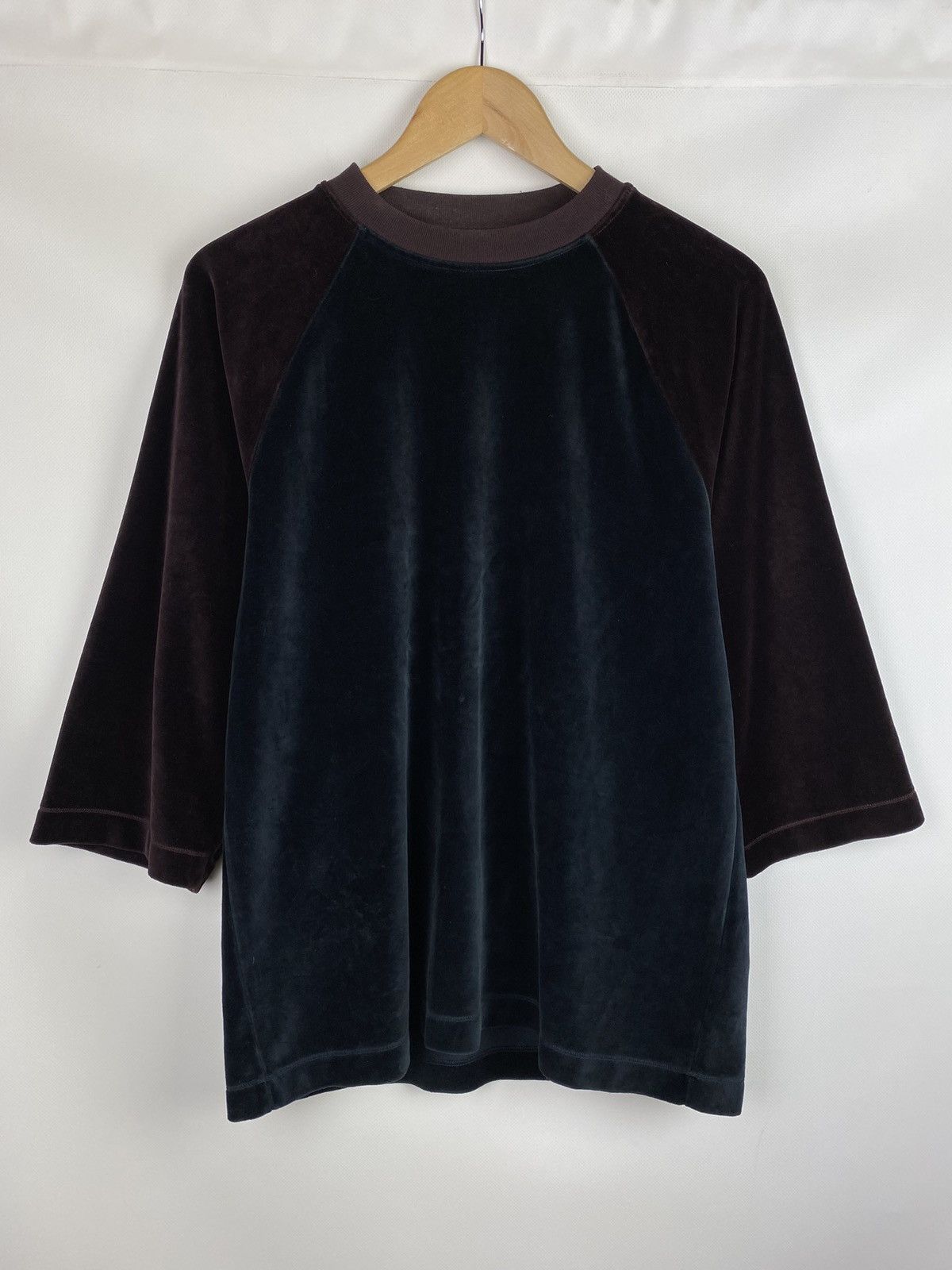 image of Our Legacy Mixed Blue Burgundy Velvet 3/4 Raglan T Shirt in Navy, Men's (Size Small)