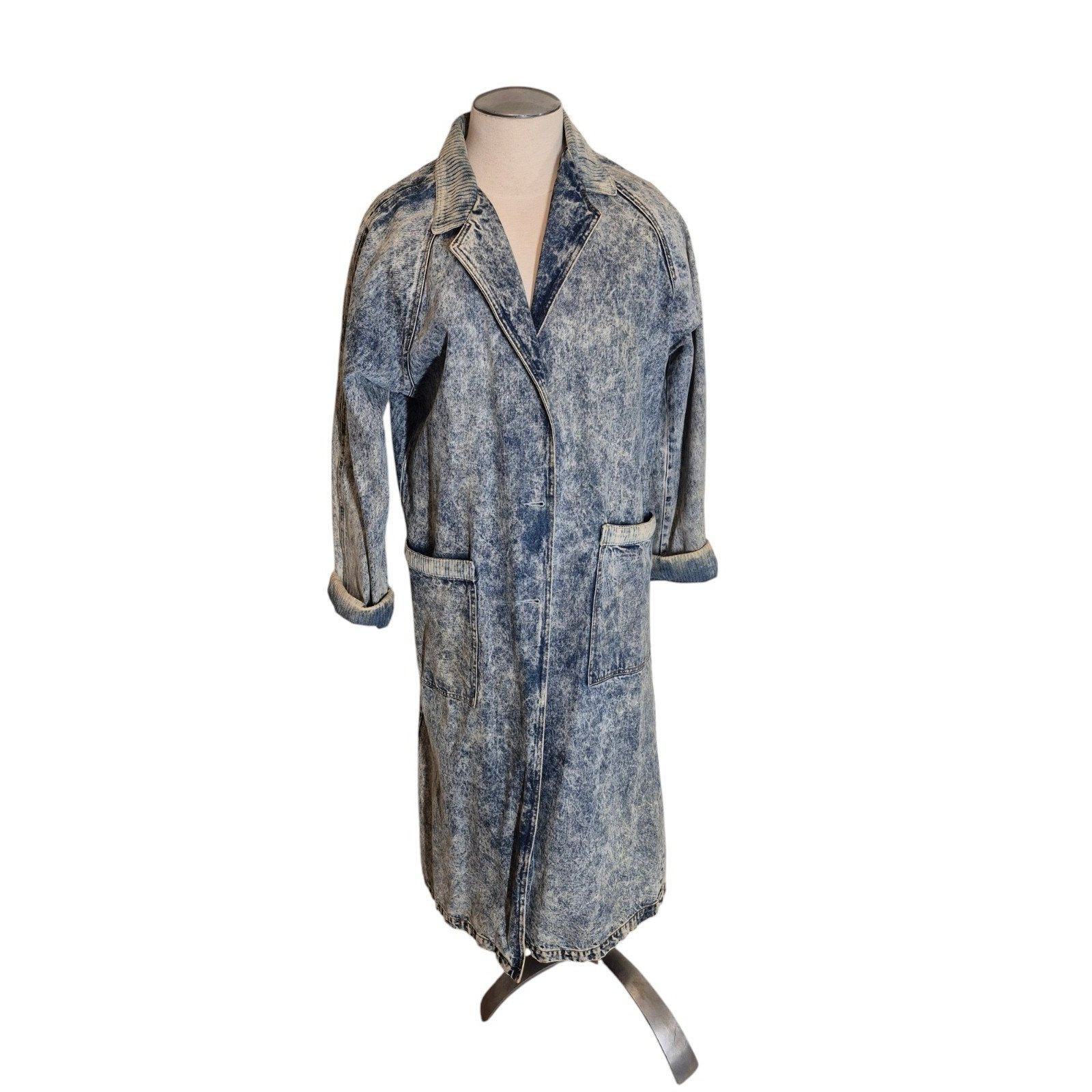 Vintage 80s 90s Womens Denim Trench Coat Long Acid Wash Deni