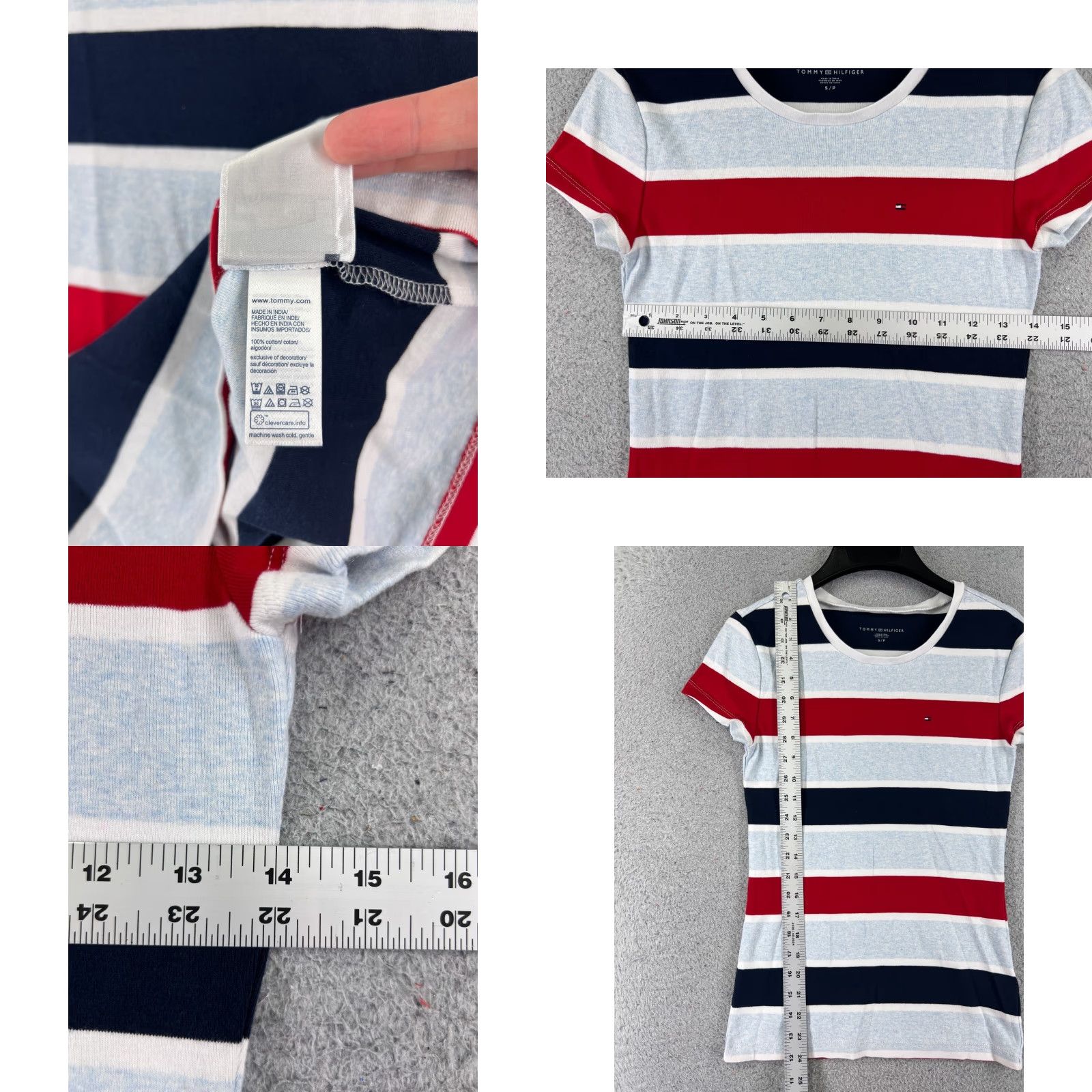 Tommy Hilfiger VINTAGE Tommy Hilfiger Shirt Womens S Blue White Red Round Neck Short Sleeve Cotton Logo Striped 90s Size S / US 4 / IT 40 - 8 Thumbnail