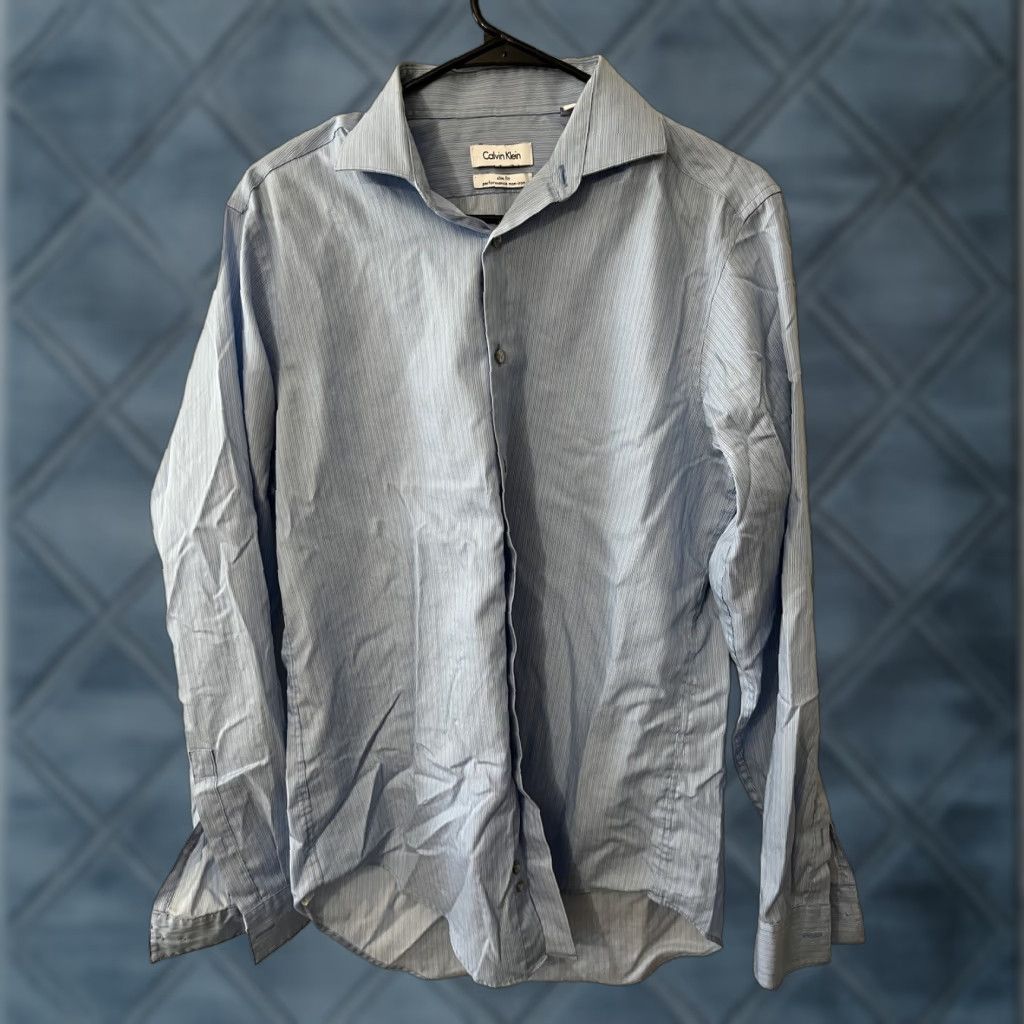 Calvin Klein CALVIN KLEIN Dress Shirt Blue Striped Non-Iron Slim Fit 15.5 Regular Long Sleeve Performance Mens Size US M / EU 48-50 / 2 - 1 Thumbnail