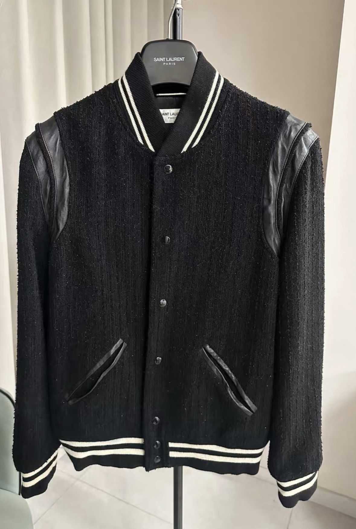Saint Laurent SLP 22FW Teddy Black Spliced Varsity Jacket