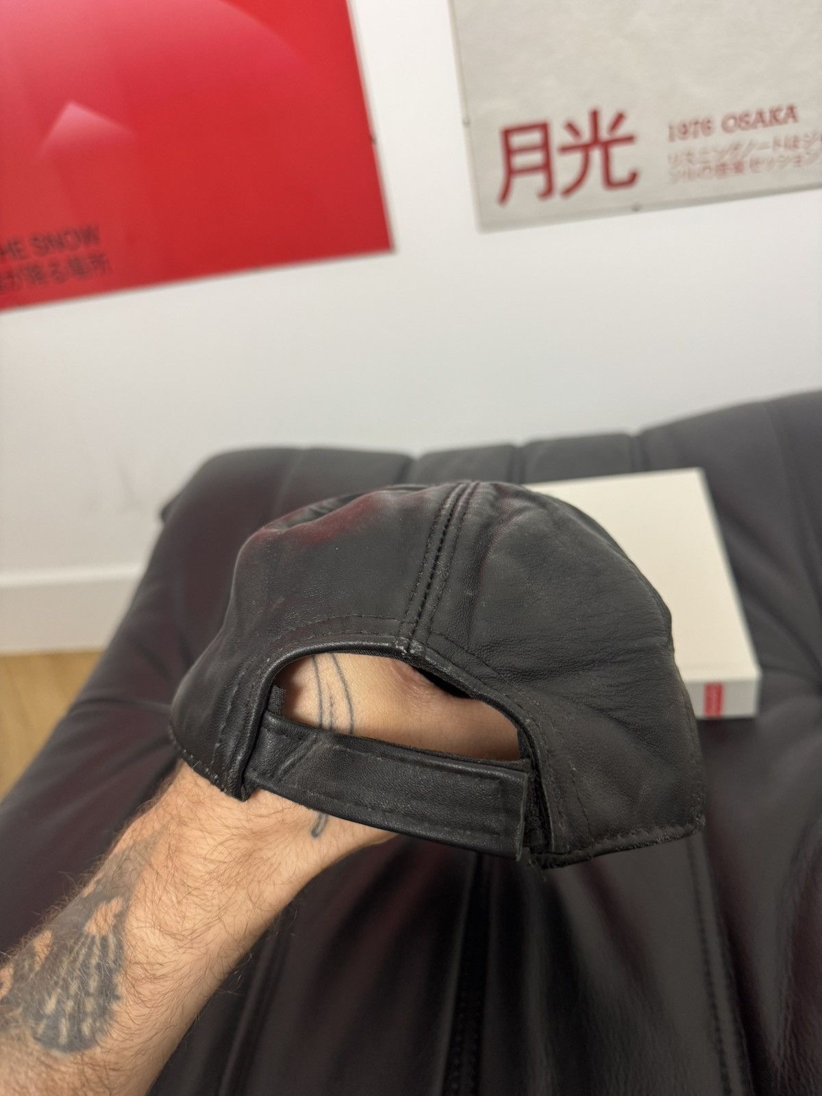 Leather Kawasaki Vintage 90s Black Racing Leather Hat Washed Rare Size ONE SIZE - 3 Thumbnail