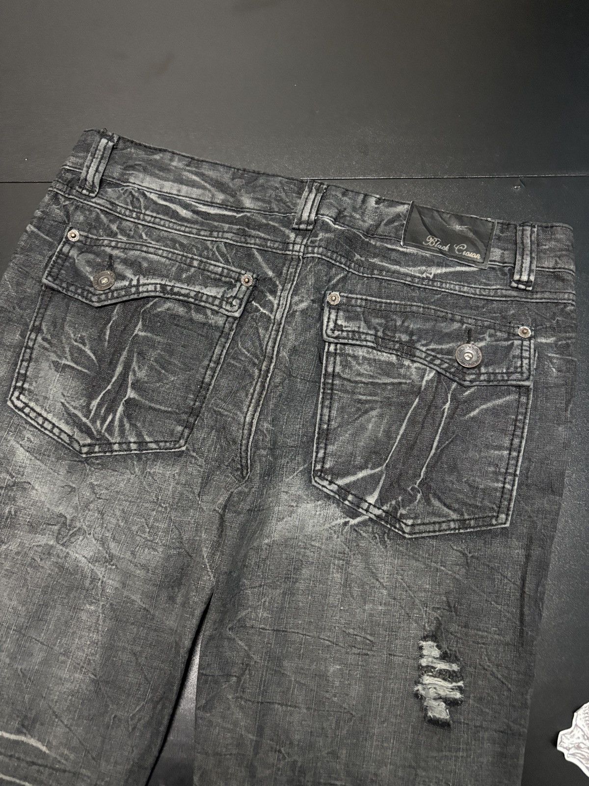 Japanese Brand Y2K Black Crown Distressed Wide Flare Pants Size 32" / US 10 / IT 46 - 5 Thumbnail