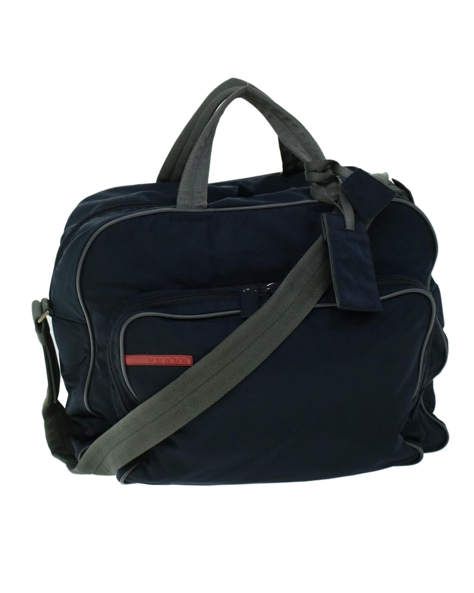 image of Prada Dynamic Navy And Red Nylon Boston Bag, Women's