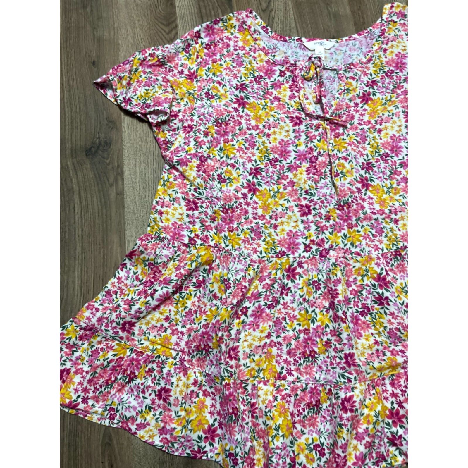 Vintage Terra & Sky Shirt Women's Plus Size 1X V-Neck Floral Short Sleeve Pullover Casual Yellow Pink Green Size XL / US 12-14 / IT 48-50 - 3 Thumbnail