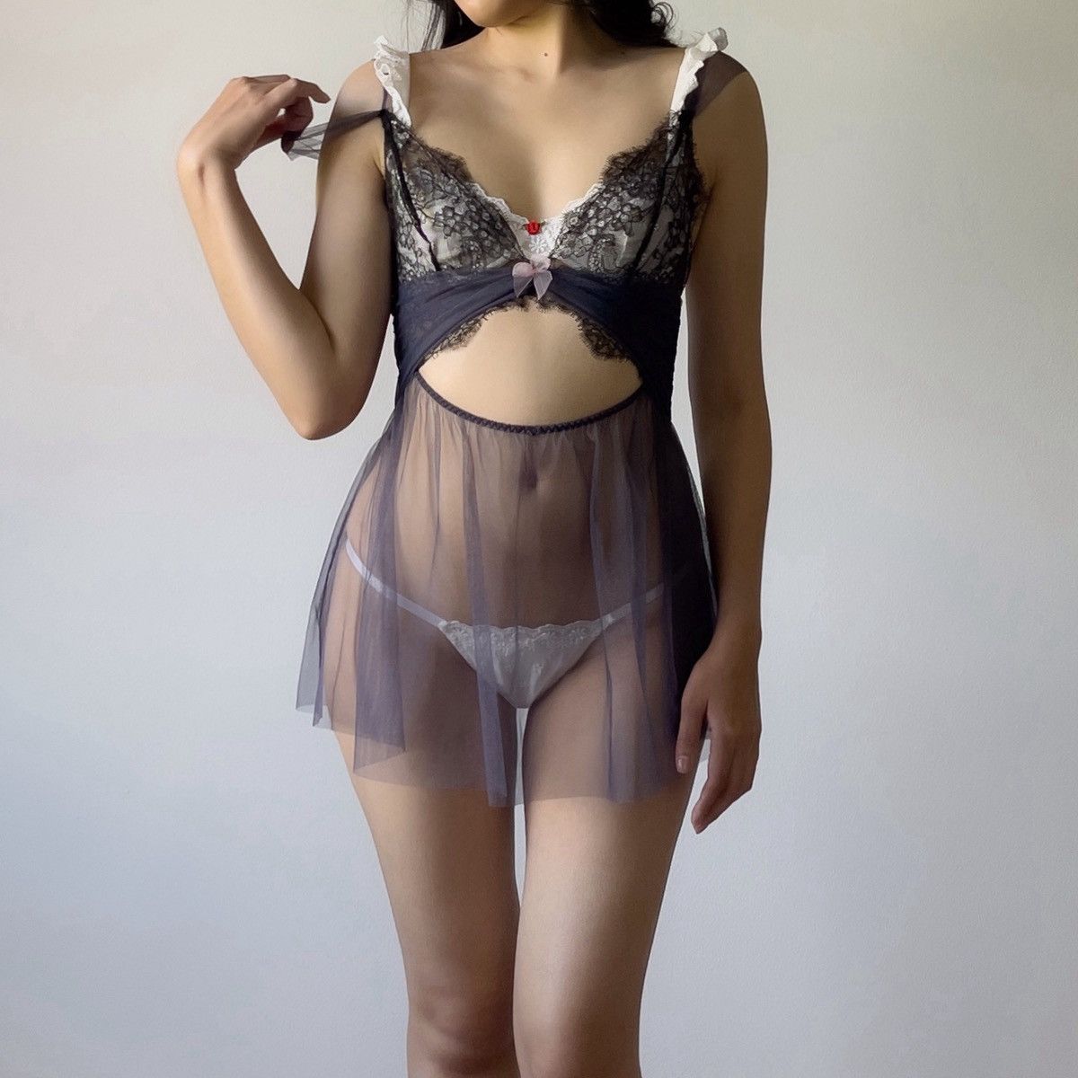 Victoria's Secret Dusty Blue Mesh & Black Lace Sheer Mini Slip Dress (S-M) Size M / US 6-8 / IT 42-44 - 7 Thumbnail