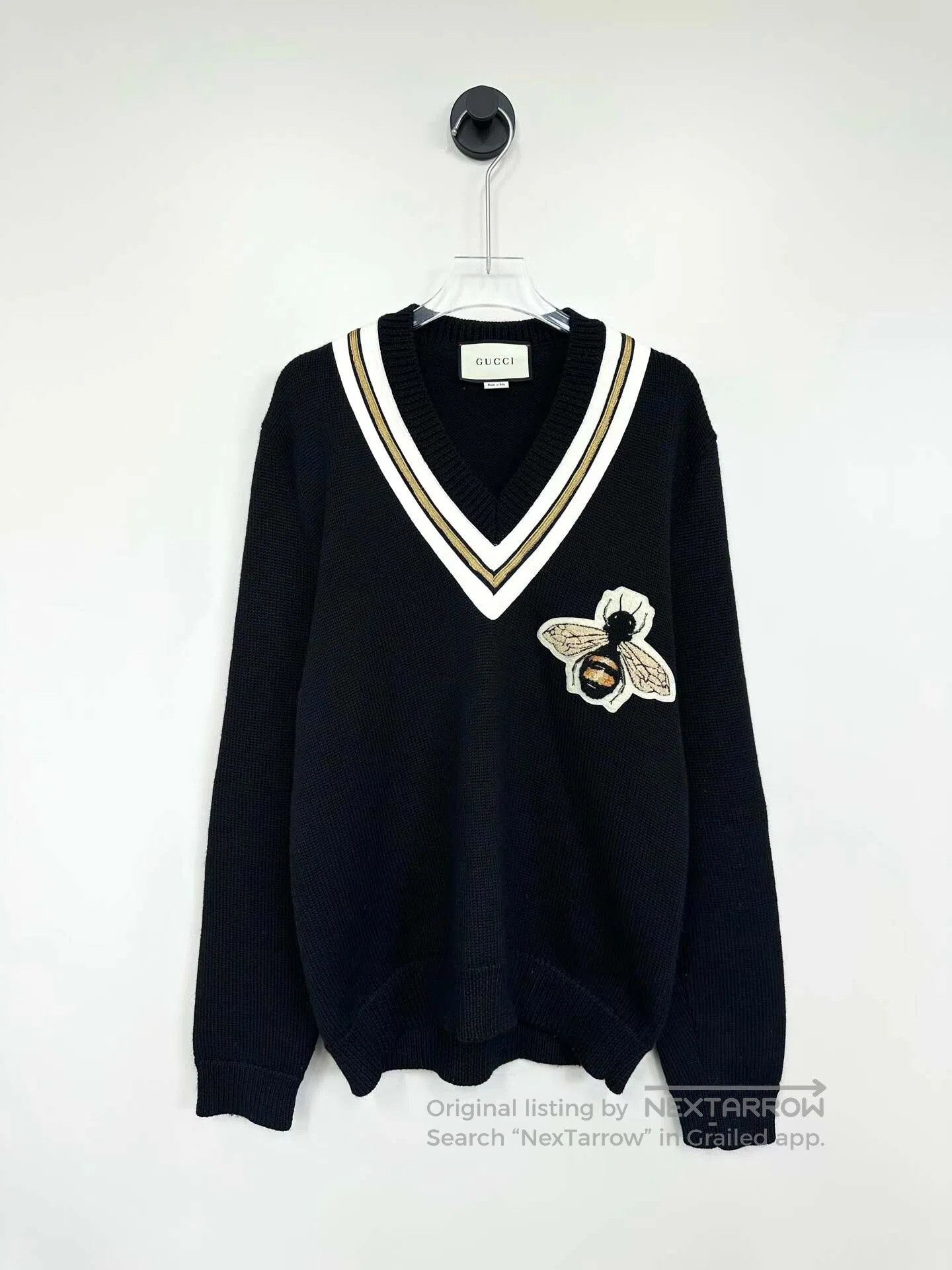 Gucci Guicci Black Collegiate Bee V-neck Knit Sweater| Size US S / EU 44-46 / 1 - 1 Thumbnail
