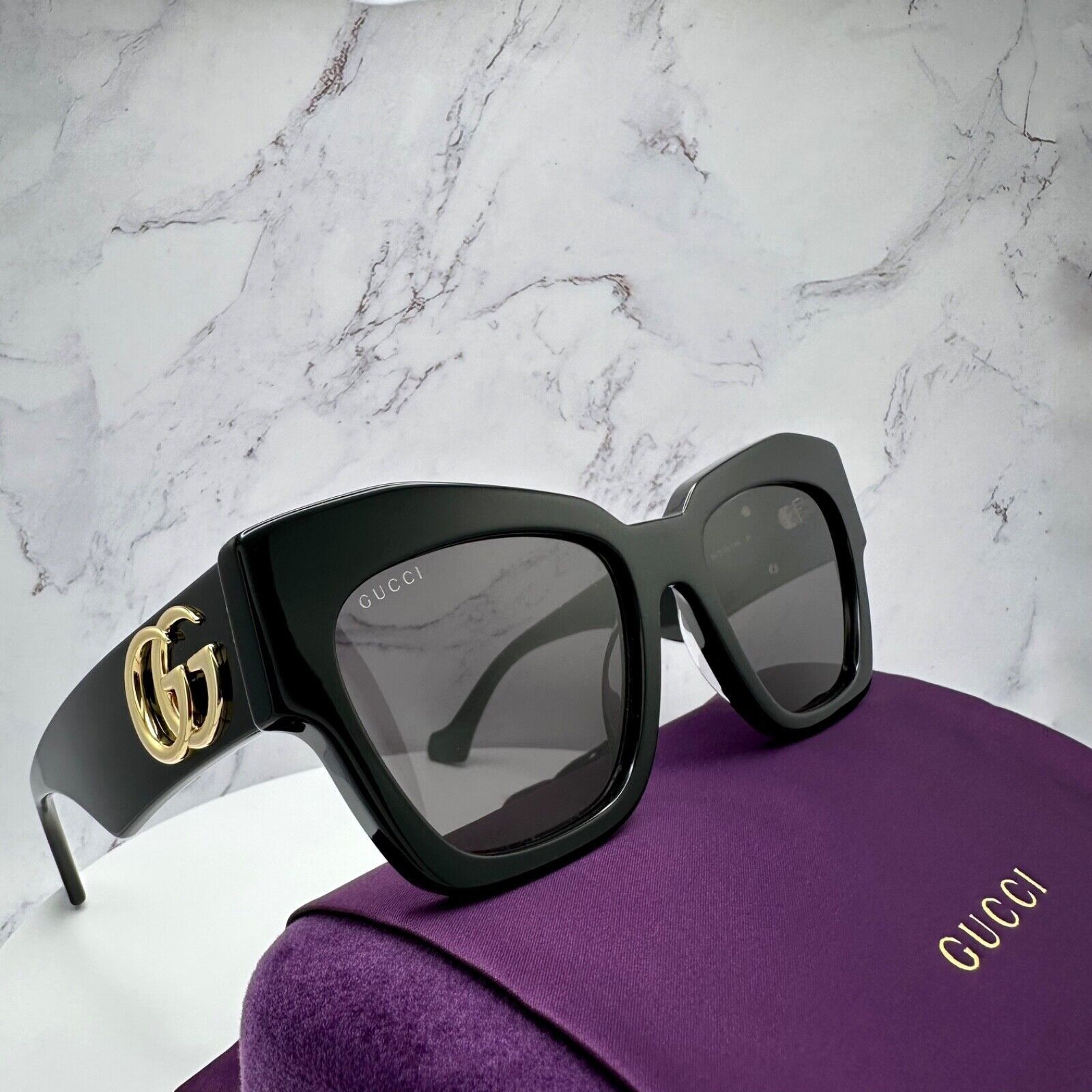 Gucci Gucci Sunglasses Black Cat Eye Gold Interlocking GG Logo Size ONE SIZE - 2 Thumbnail