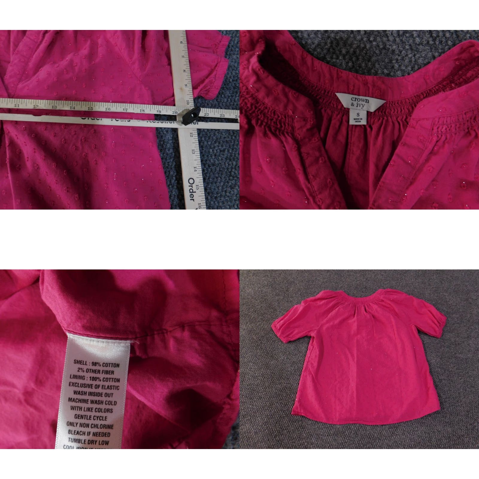 Vintage Crown & Ivy Blouse Womens Small Pink Swiss Dot Lined Short Sleeve Puff Sleeve V-Neck Embroidered Bodice Boho Peasant Size S / US 4 / IT 40 - 8 Thumbnail
