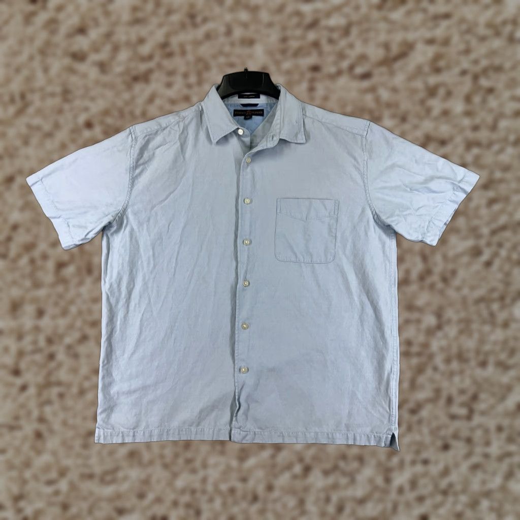 Tommy Hilfiger Tommy Hilfiger Shirt Mens Button-Up Short Sleeve Blue Cotton Silk Embroidered Logo Pockets Slimming Regular Fit Size US L / EU 52-54 / 3 - 1 Thumbnail