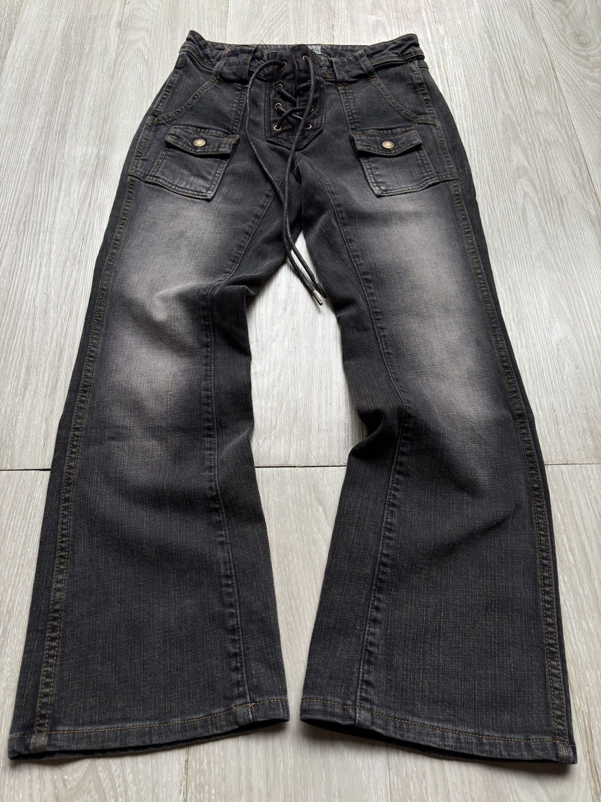 パンツ Bernings Sho lace up damage flared denim Japanese Brand × Vintage Berning Sho Bleached Lace up Flared