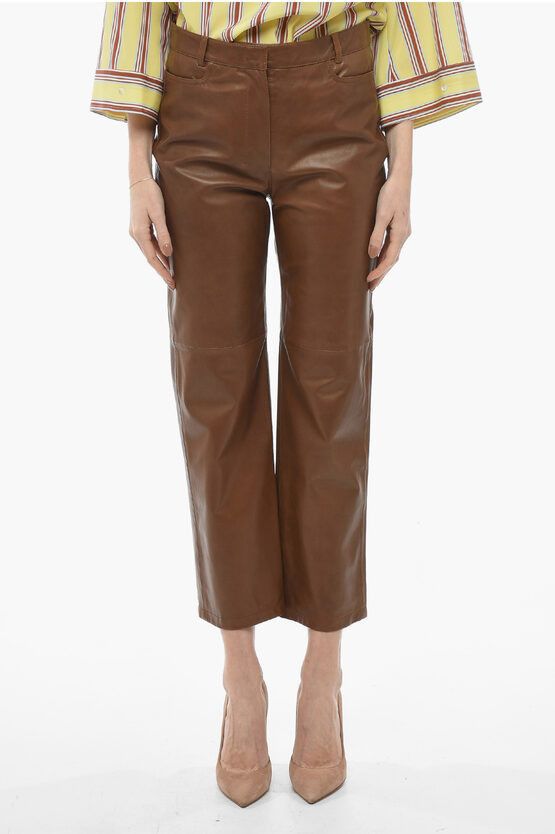 image of Max Mara S Leather Wide-Leg Ulla Pants in Brown, Women's (Size 28)