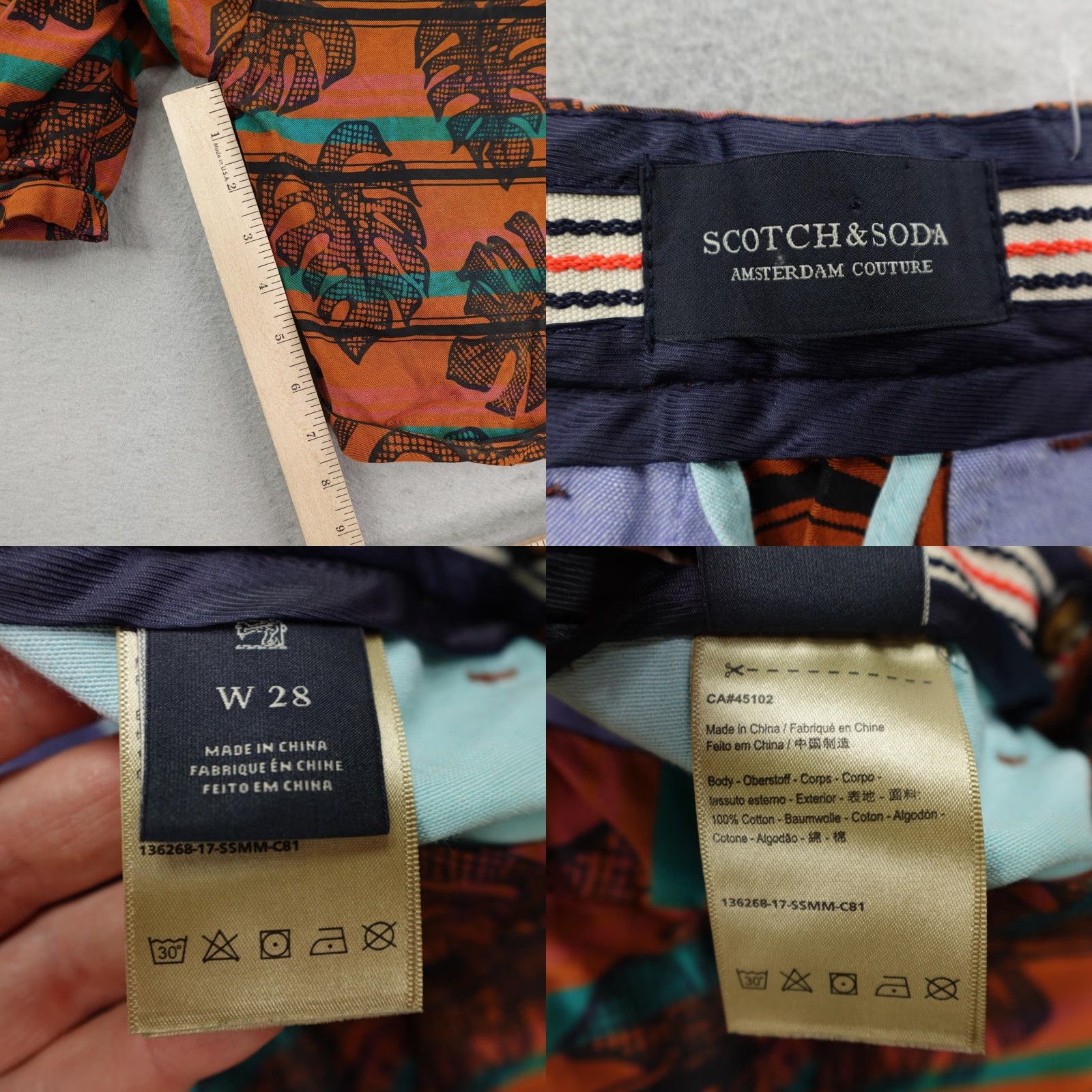 Scotch & Soda SCOTCH & SODA Shorts Mens 28 Chino Casual Summer Orange Green Leaf Print Stripes Inseam 8in Flat Front Pocketed Mens Size US 28 / EU 44 - 8 Thumbnail