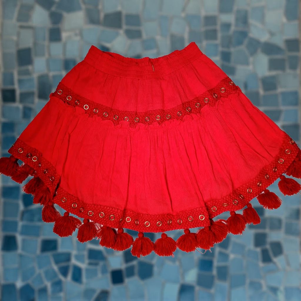 MISA Los Angeles MISA Los Angeles Red Tasseled Fringe Metal Eyelet Tiered Mini Skirt Women's Size M Size 32" / US 10 / IT 46 - 1 Thumbnail