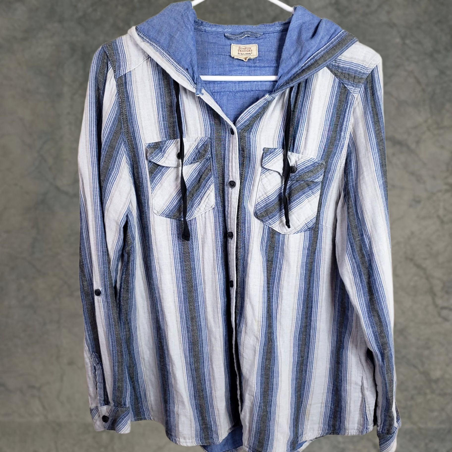 Vintage Boston Traders Flannel Pullover Shirt Women's L Blue Hooded Striped Long Sleeve Size L / US 10 / IT 46 - 1 Thumbnail