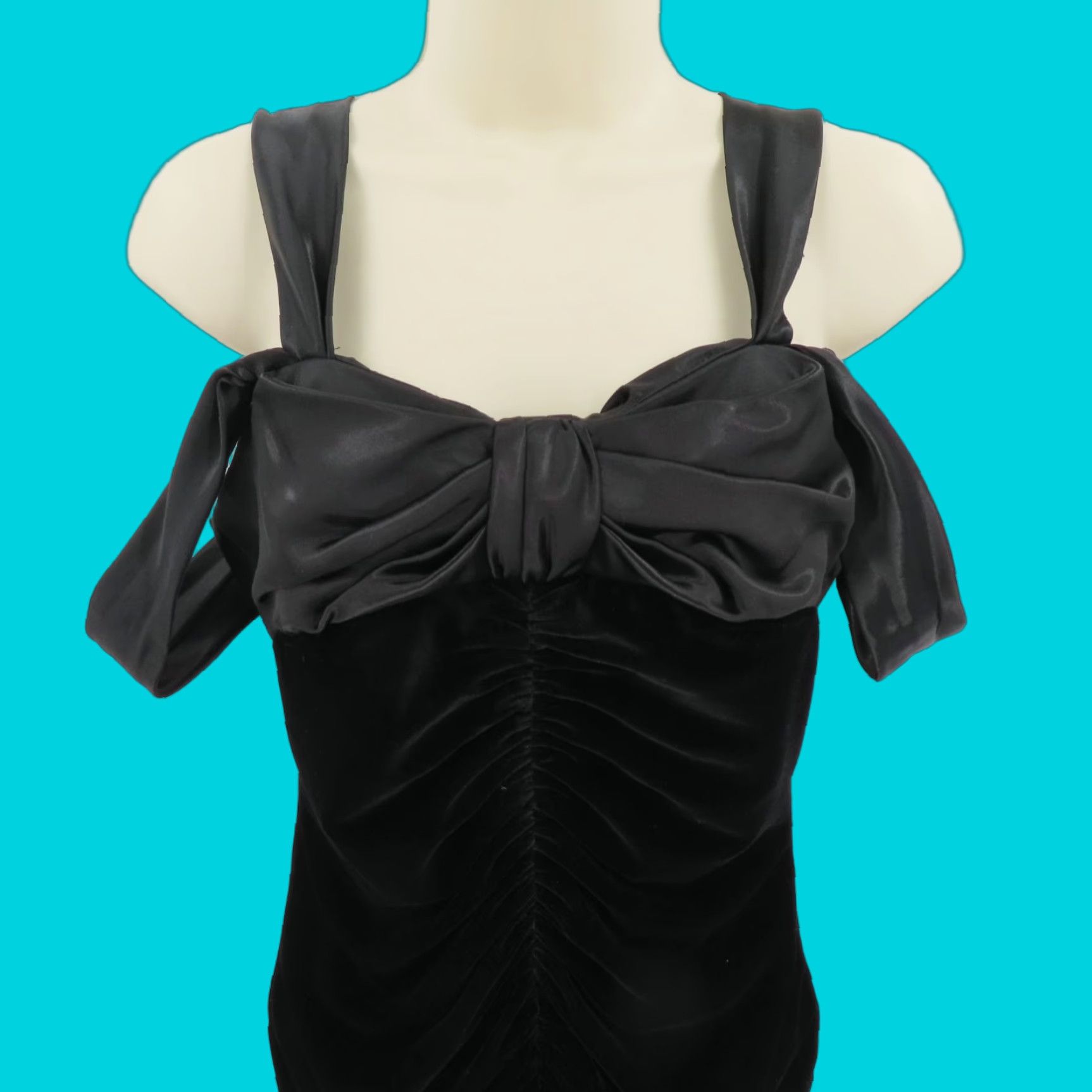 Velvet VINTAGE Whim Womens 6 Black Velvet Off Shoulder Satin Bow Ruched Front Cocktail Dress - Velvet Dress, Bow, Midi, Black, Womens, Size 6 Size M / US 6-8 / IT 42-44 - 1 Thumbnail