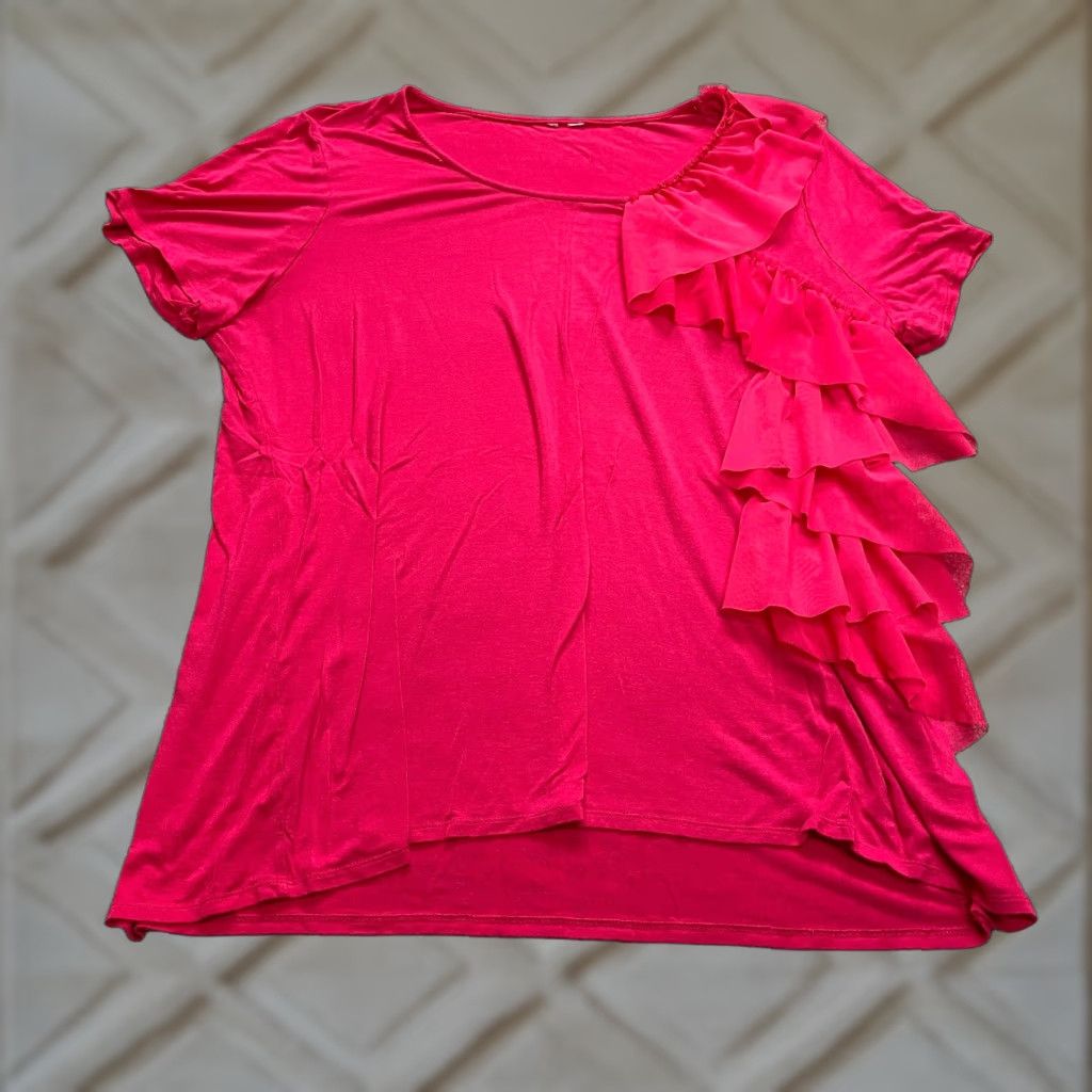 Vintage Cato Shirt Womens XL Pink Short Sleeve Ruffle Side Soft Casual Stretch Rayon Top Size XL / US 12-14 / IT 48-50 - 1 Thumbnail