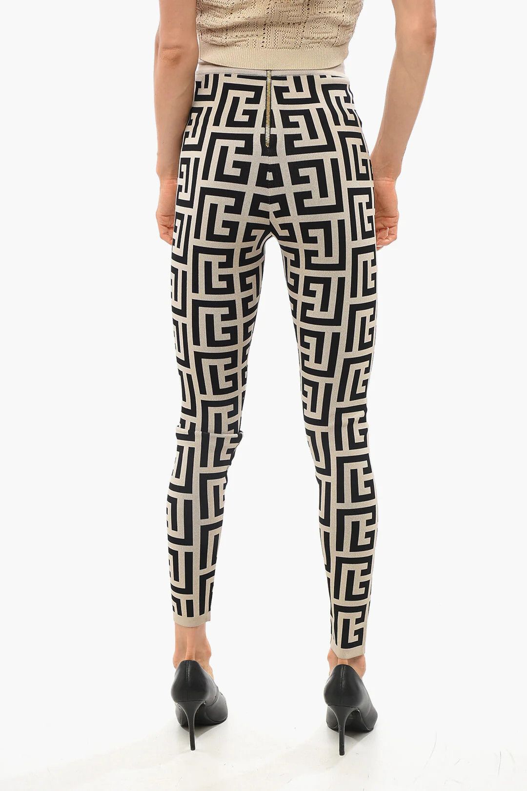 Balmain og1mm0326 High-Waist Knit Leggings in Beige/Black Size 26" / US 2 / IT 38 - 2 Thumbnail