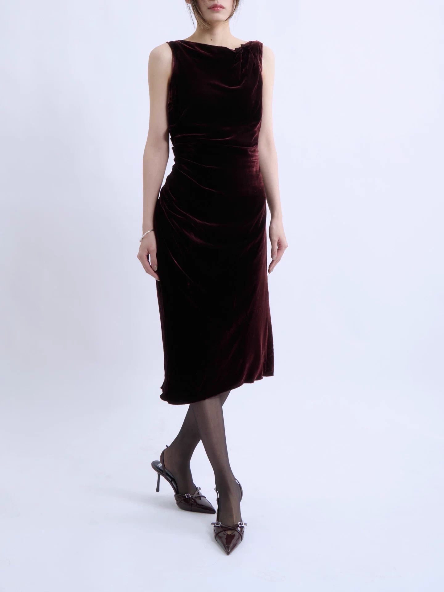 Prada PRADA Vintage Wine Red Velvet Asymmetric Pleated Dress Size M / US 6-8 / IT 42-44 - 4 Thumbnail