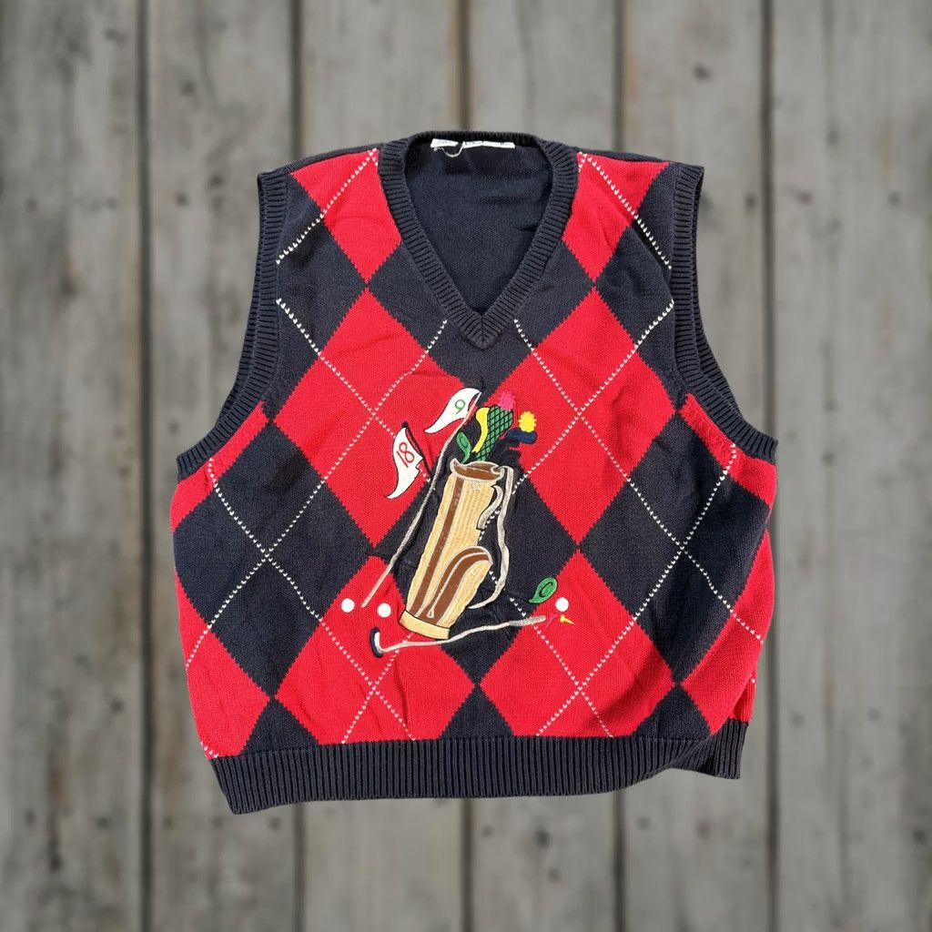 Vintage VINTAGE Rafaella Sweater Vest Mens Medium Red Black Argyle Golf Graphic 90s Bag Size US L / EU 52-54 / 3 - 1 Thumbnail
