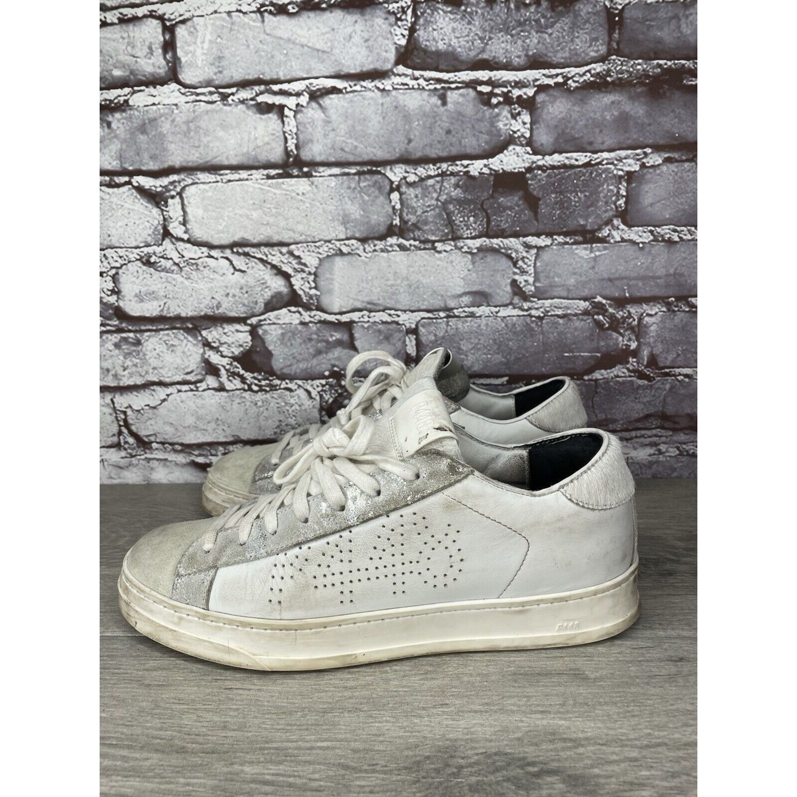 P448 P448 White Leather Gray Suede Silver Glitter Low Top Sneaker Size US 9.5 / IT 39.5 - 10 Thumbnail