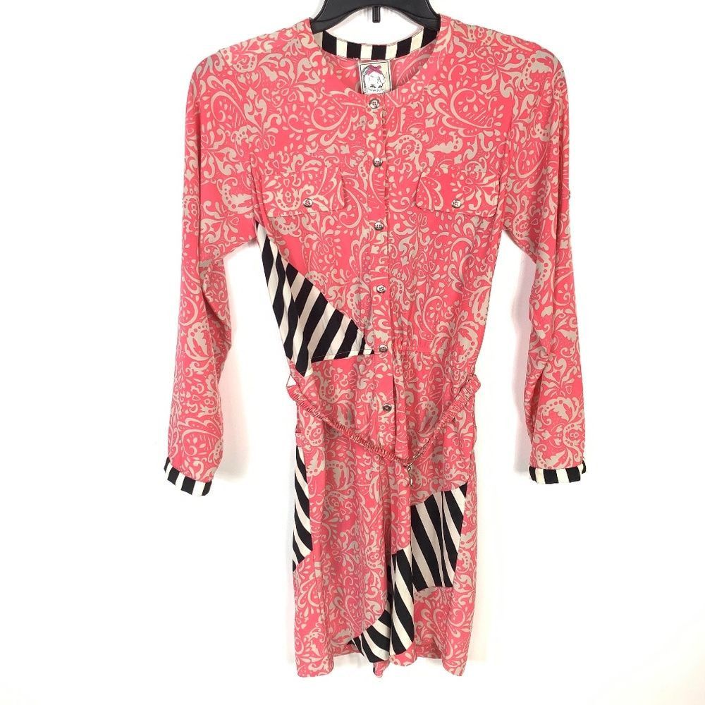 image of Anthropologie Yoana Baraschi M 70's Scarf Mix Print Button Shirt Dress Pink, Women's (Size Medium)