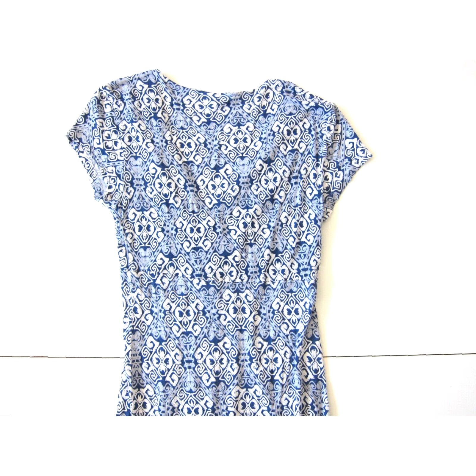 Vintage Nostalgia Blue White Paisley Floral Rayon Stretch Short Sleeve V-Neck Dress M Size 32" / US 10 / IT 46 - 5 Thumbnail