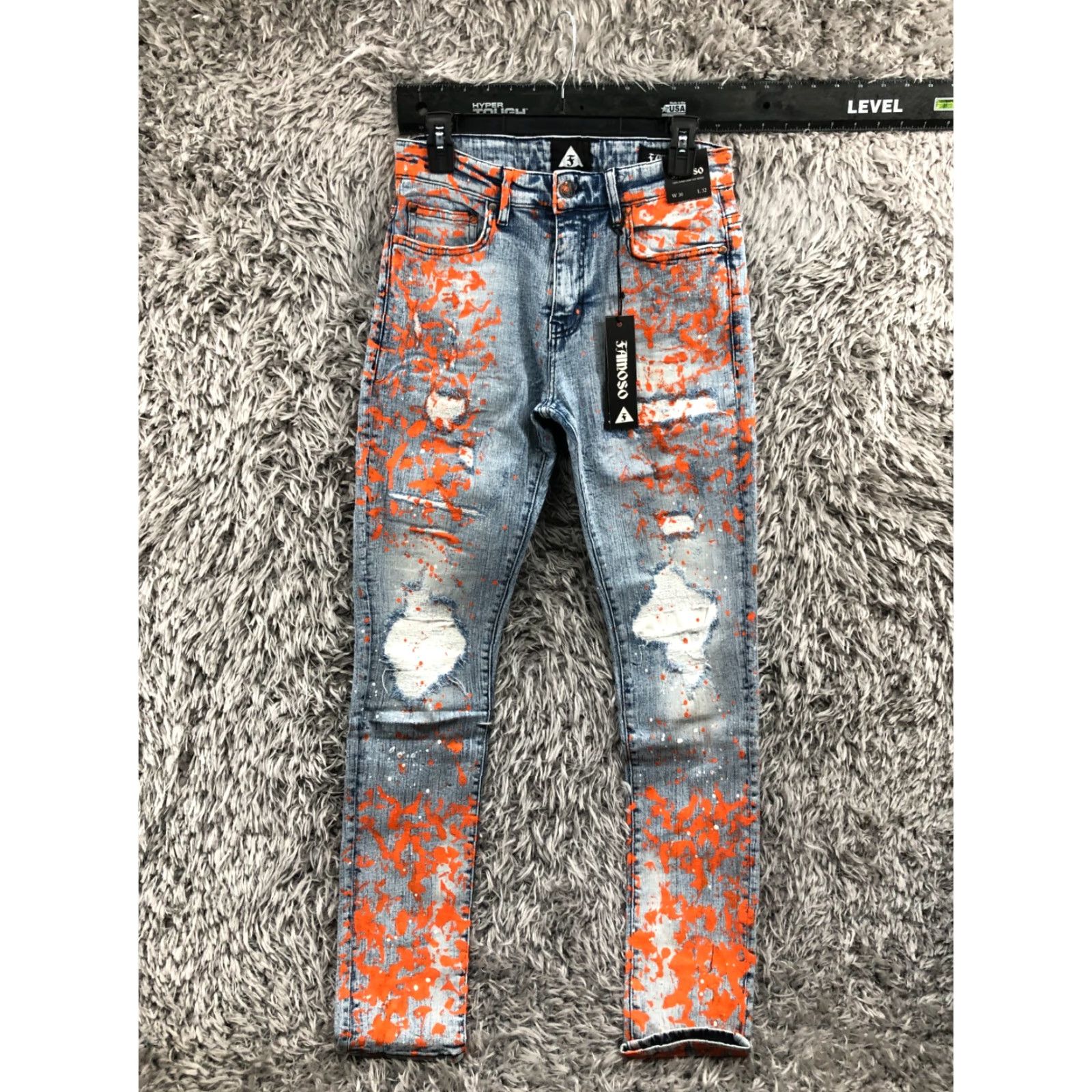 Vintage Famoso Jeans Slim Tapered 30x32 Mens Blue Orange Paint Splotch Distressed Denim 5-Pocket Classic Modern Vintage No Size US 30 / EU 46 - 2 Thumbnail