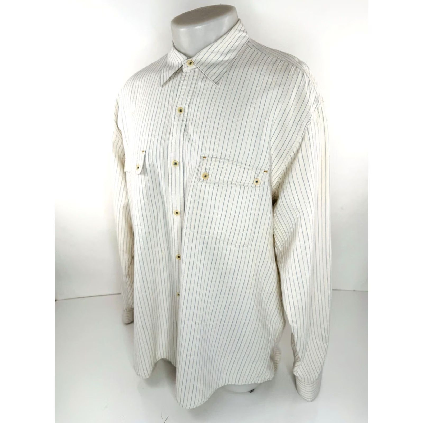 Vintage Ryan Michael Silk Blend Striped Western Shirt Mens XL Ivory/Blue Button-Up Long Sleeve Size US XL / EU 56 / 4 - 5 Thumbnail