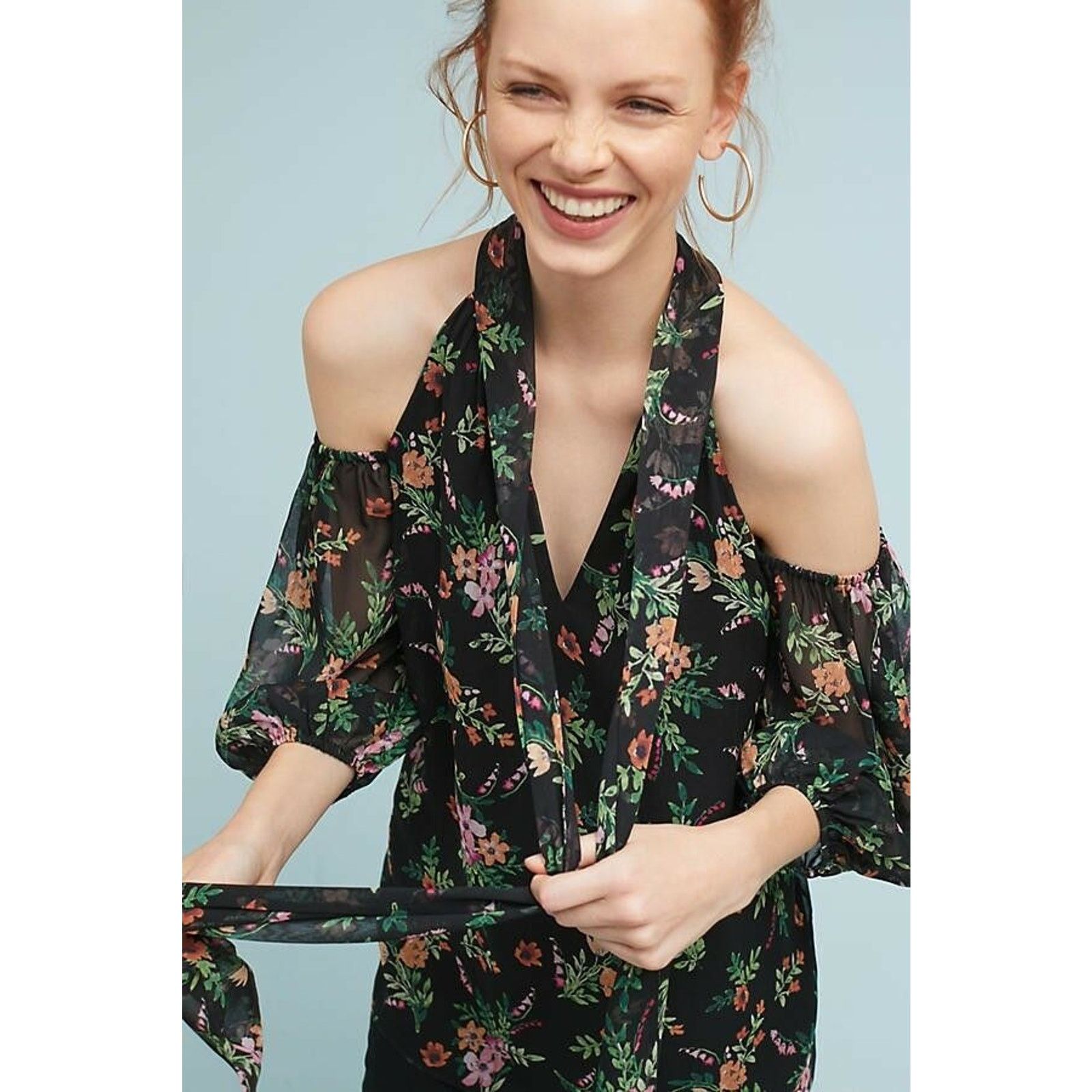 Anthropologie New Anthropologie Shoshanna Open-Shoulder Silk Floral Blouse Size S / US 4 / IT 40 - 2 Thumbnail