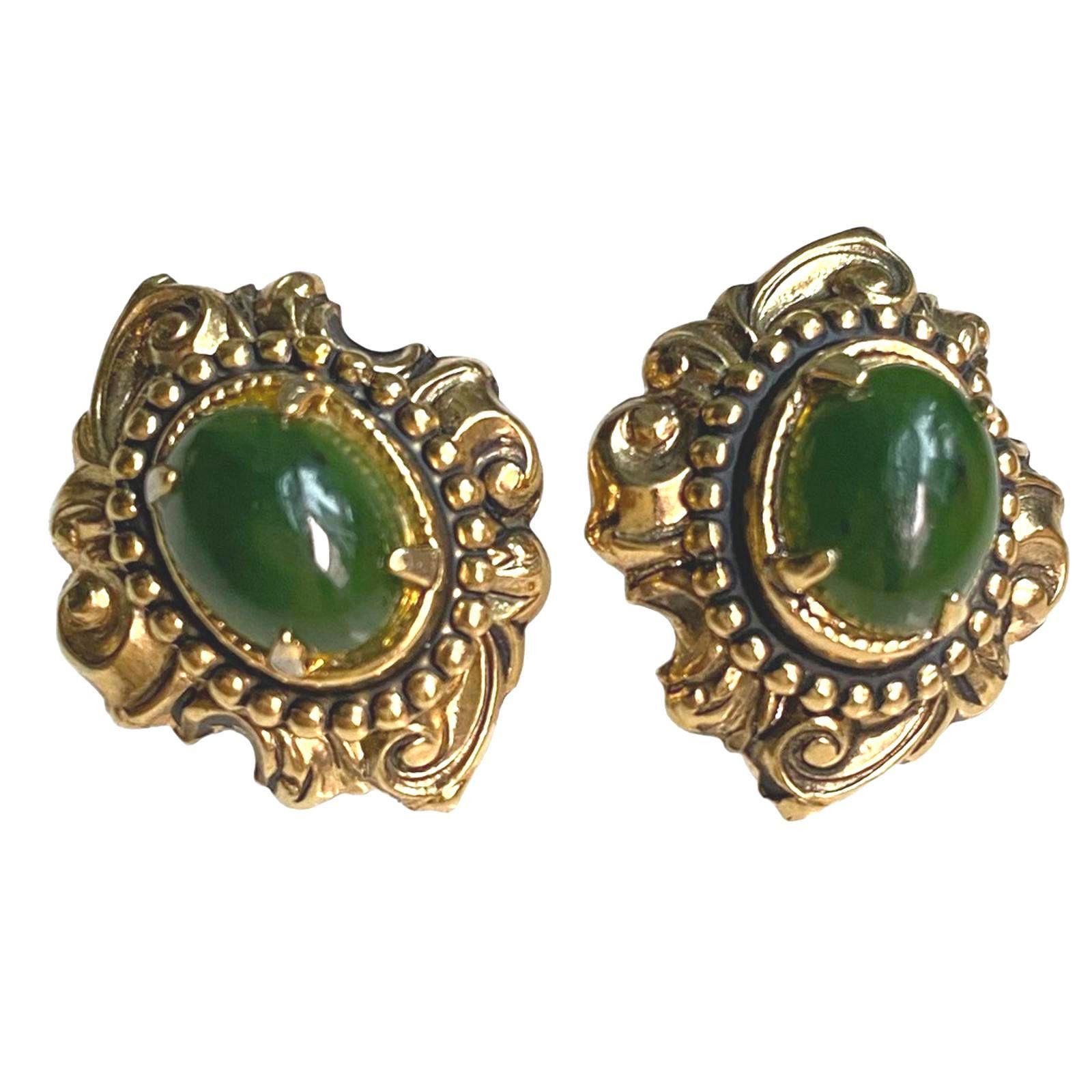 Vintage Vintage MCM Gold Tone Jade Green Cabochon Earrings Clip-on Size ONE SIZE - 2 Thumbnail