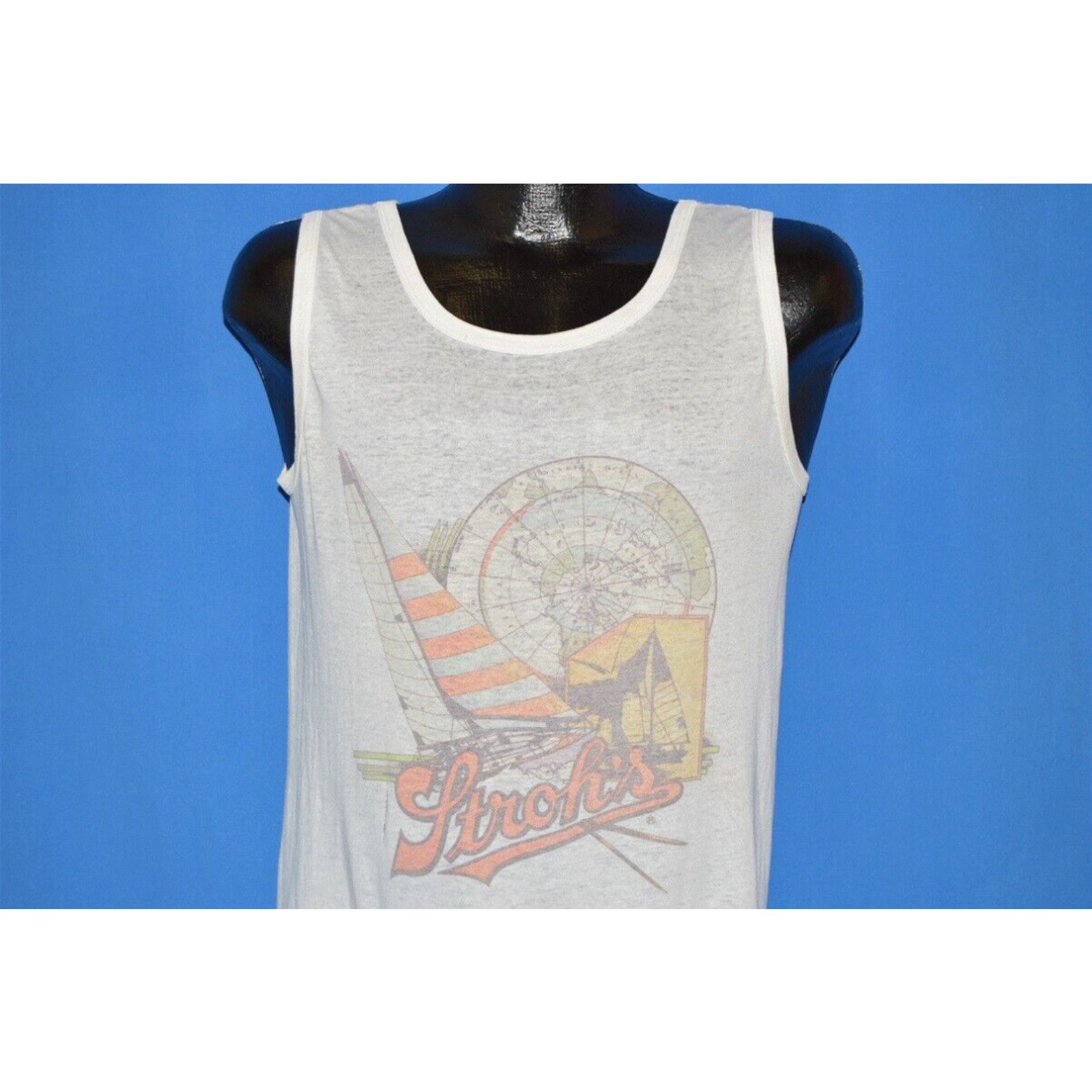 Image of Vintage 70's Stroh's Beer Sailboat Atlas Map World White Tank Top T-Shirt Small S, Men's