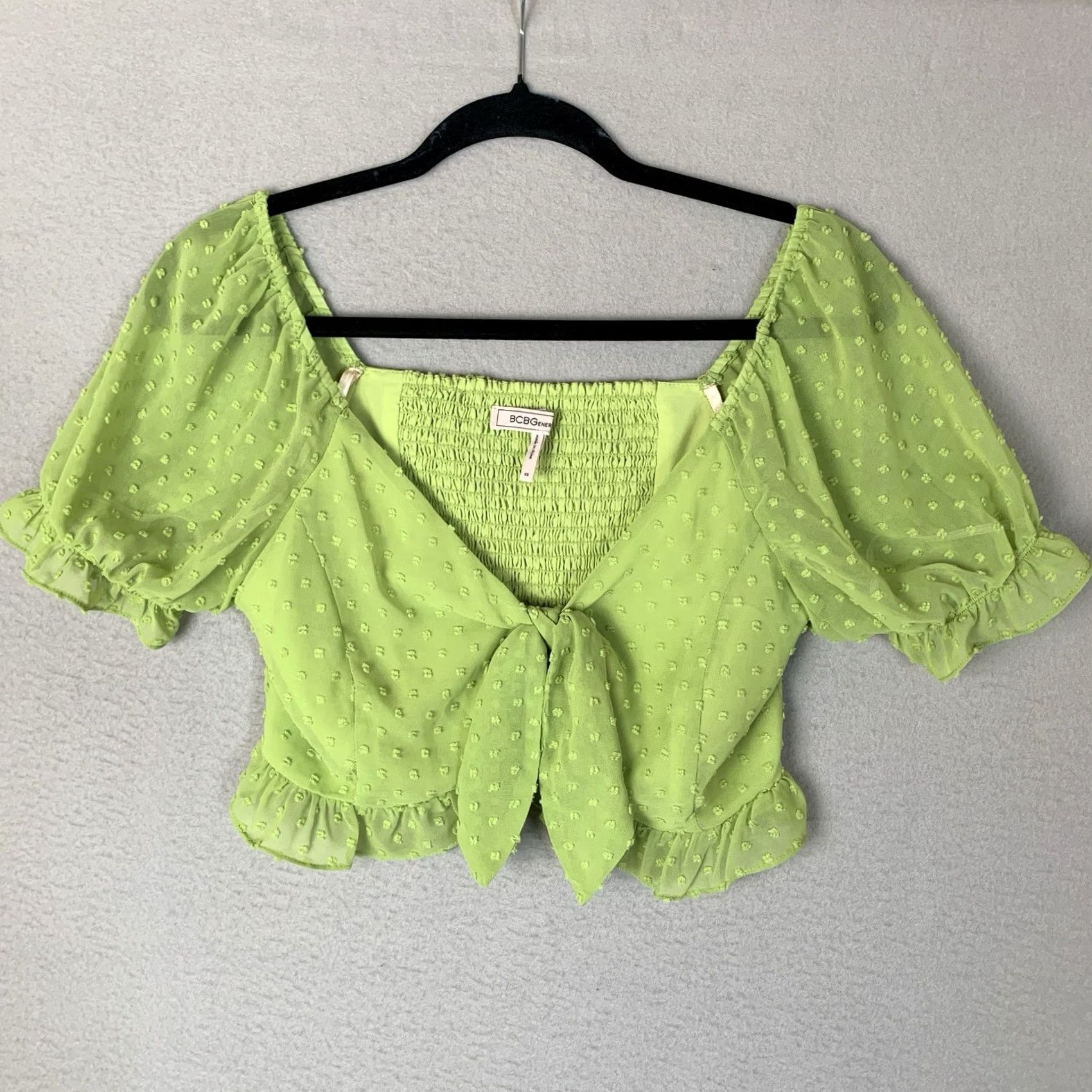 BCBGeneration BCBGeneration Top Women XS Green Cropped Puff Sleeve V-Neck Sheer Tie Y2K Fairy Coquette Blouse Size XS / US 0-2 / IT 36-38 - 2 Thumbnail
