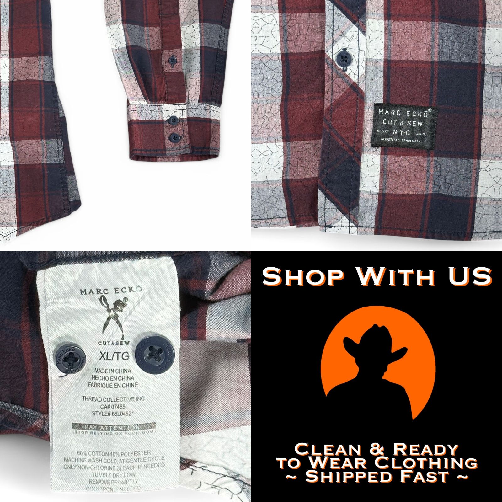 Marcs Marc Ecko Shirt Adult EXTRA LARGE Plaid Blue Burgundy Cotton Polyester Blend Pocketed Button-Up - Long Sleeve Size US XL / EU 56 / 4 - 8 Thumbnail