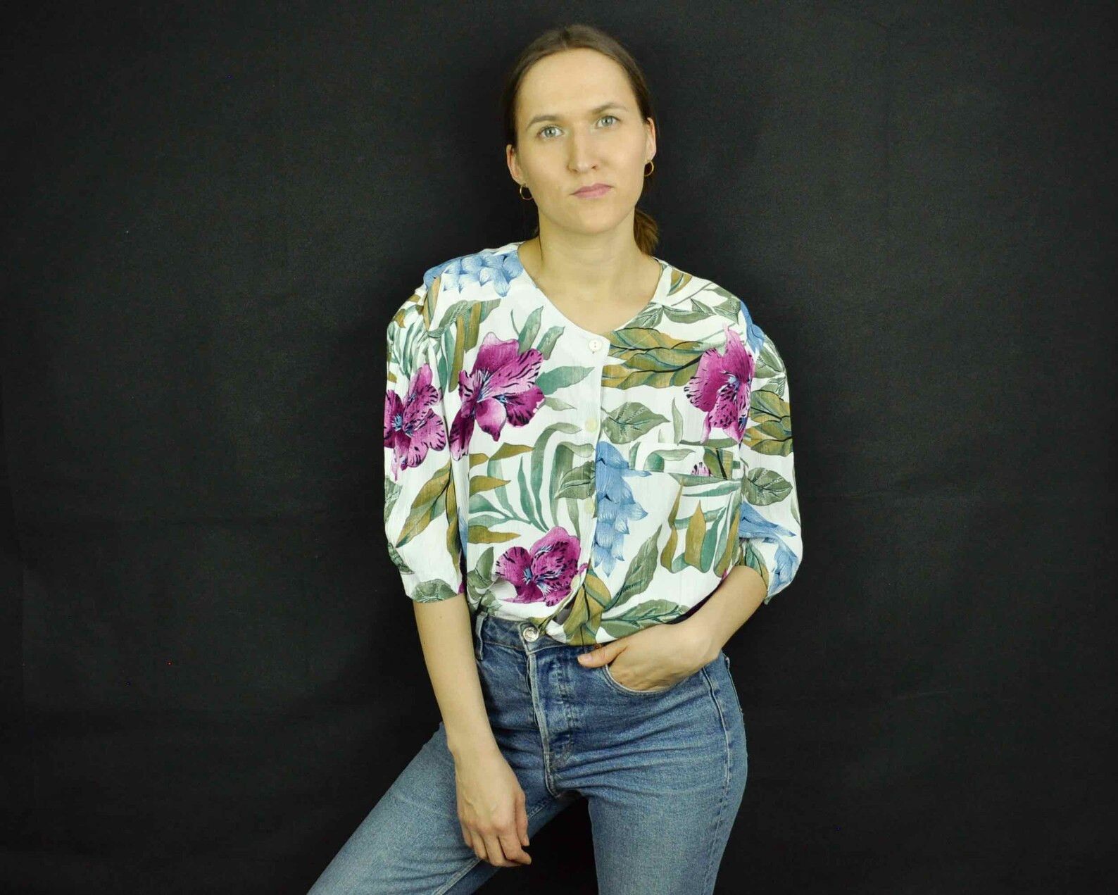 Boohoo × Vintage SUE Ellen Floral viscose silky short Sleeves Blouse Shirt Size XL / US 12-14 / IT 48-50 - 1 Thumbnail