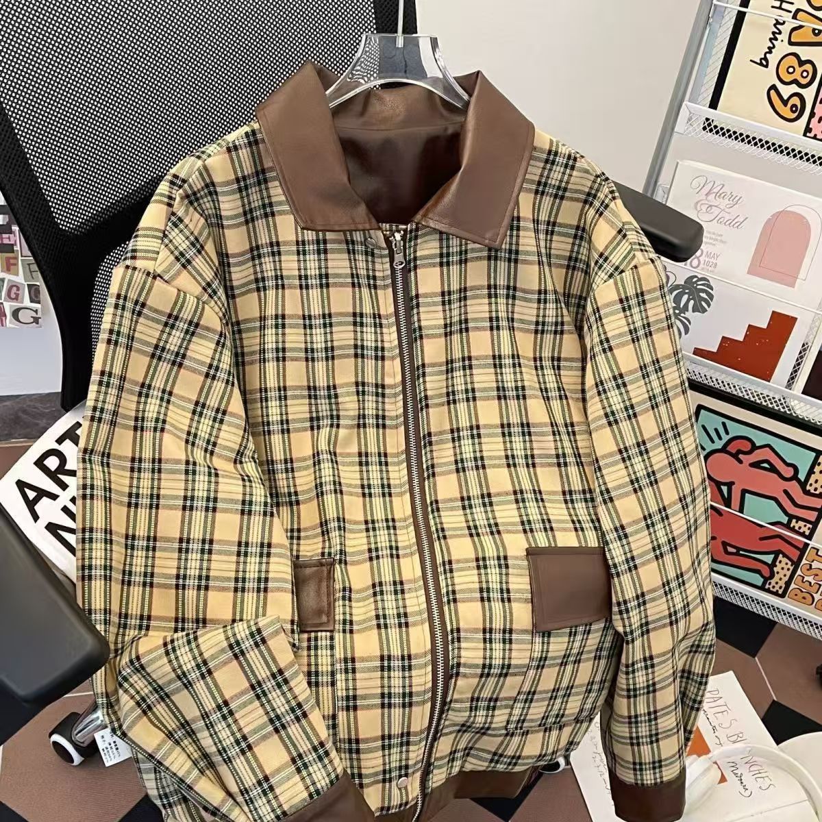 Vintage Plaid Bomber Jacket with Brown Leather Collar Size US M / EU 48-50 / 2 - 1 Thumbnail