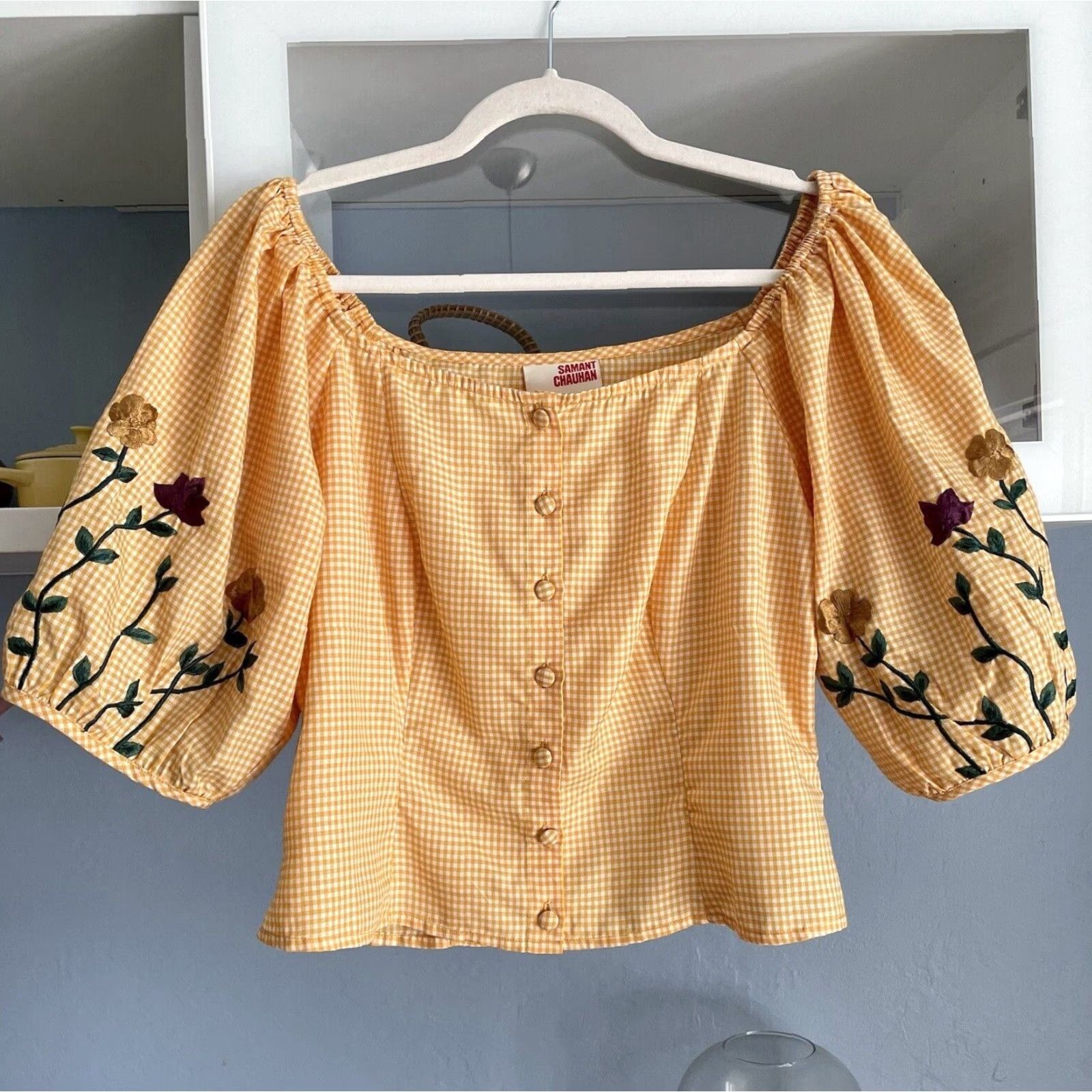 Anthropologie Anthropologie Samant Chauhan Amabella Floral Embroidered Blouse Top M Yellow Puff Sleeve Women Shirt Size M / US 6-8 / IT 42-44 - 2 Thumbnail
