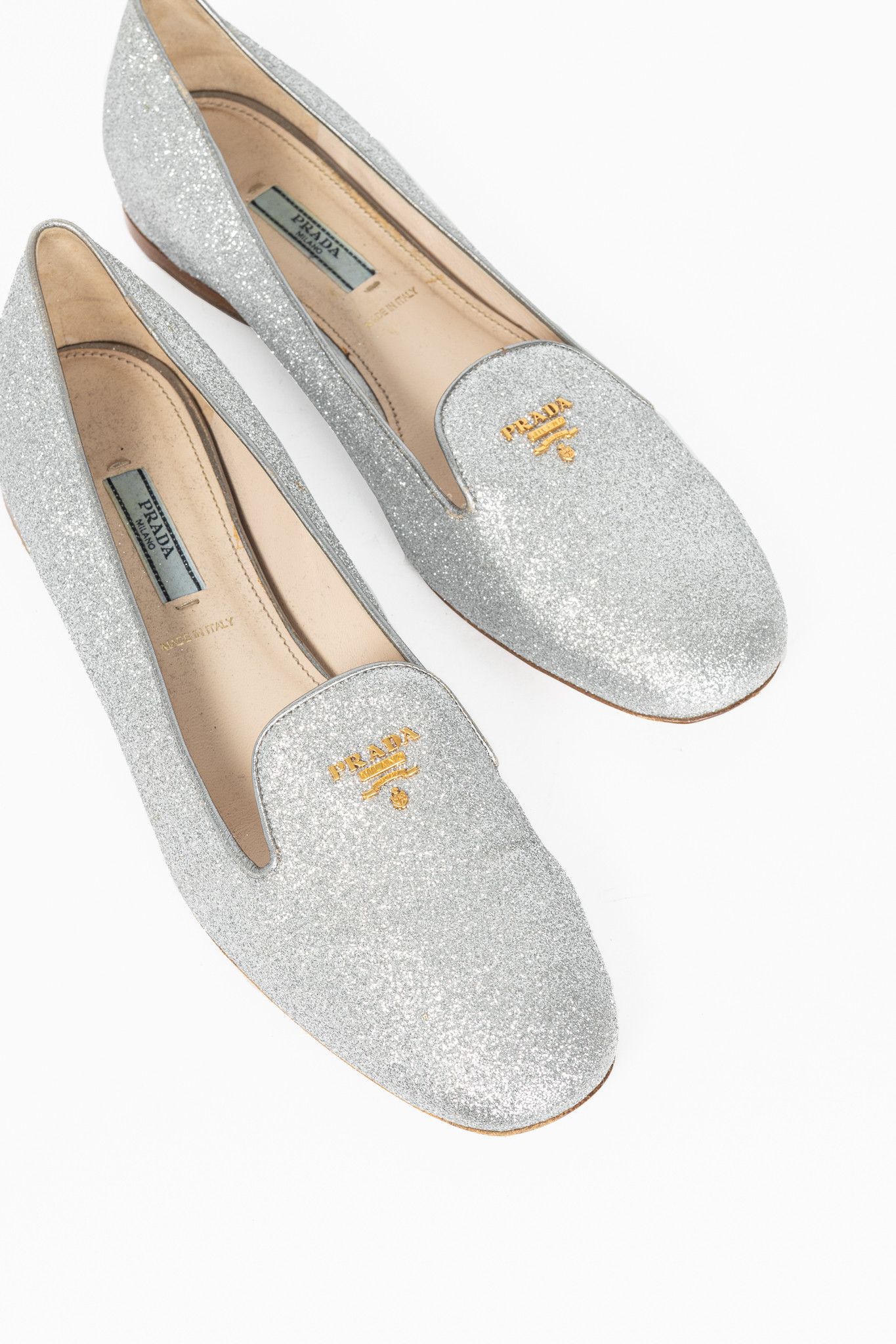 Prada Prada Argento Glitter Logo Hidden-Wedge Loafers Size US 9.5 / IT 39.5 - 6 Thumbnail