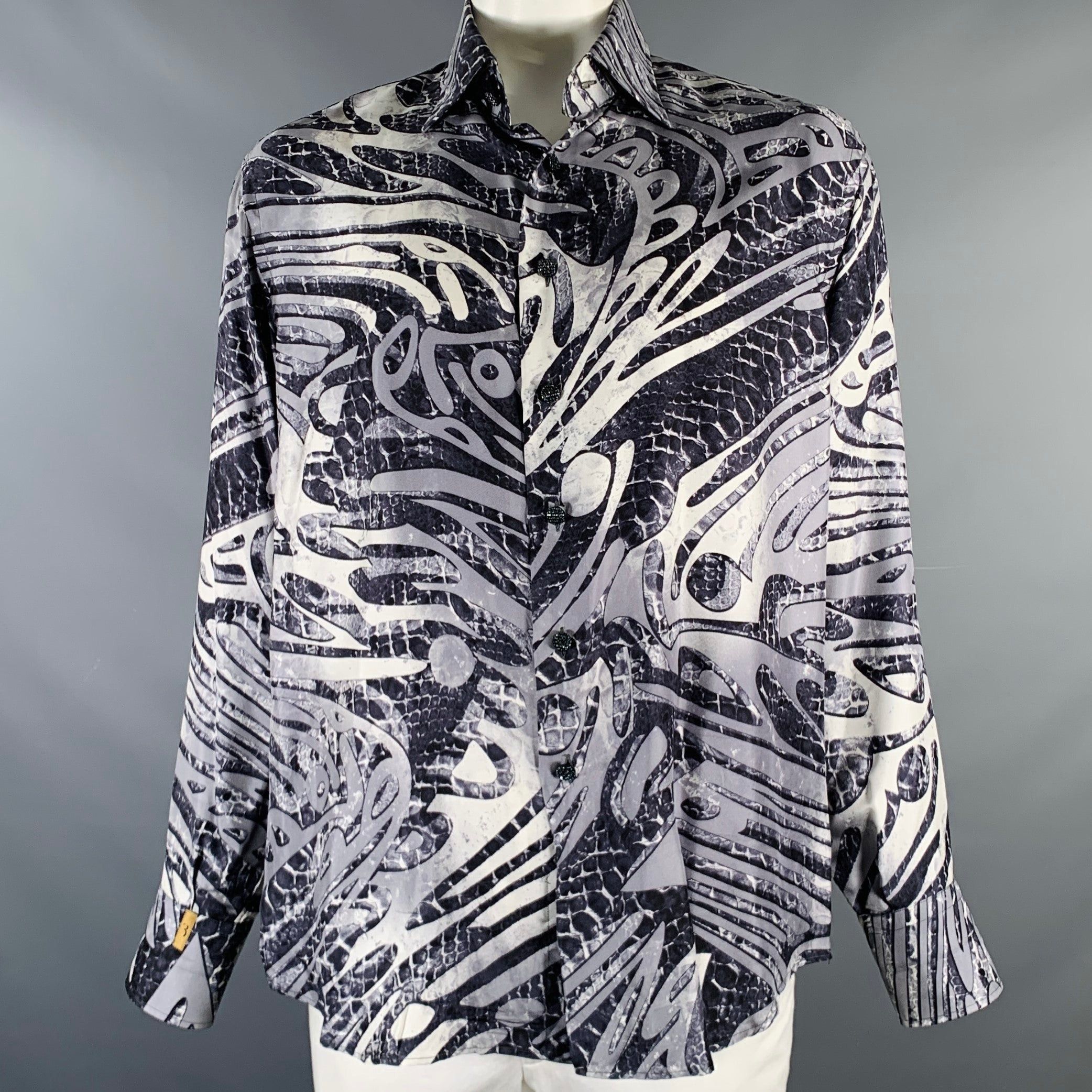 image of Billionaire Couture Grey Black White Print Silk Long Sleeve Shirt, Men's (Size XL)