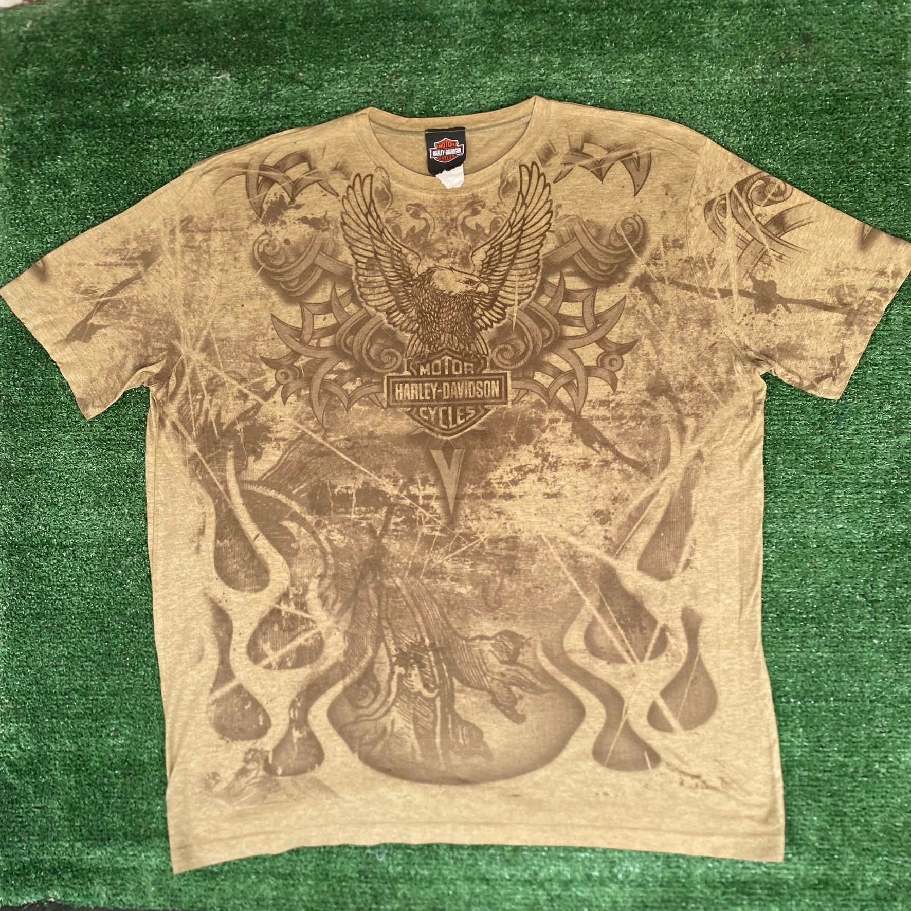 Harley Davidson Vintage Y2K Harley Davidson Shirt Biker Logo AOP Tan Tee Size US XL / EU 56 / 4 - 1 Thumbnail