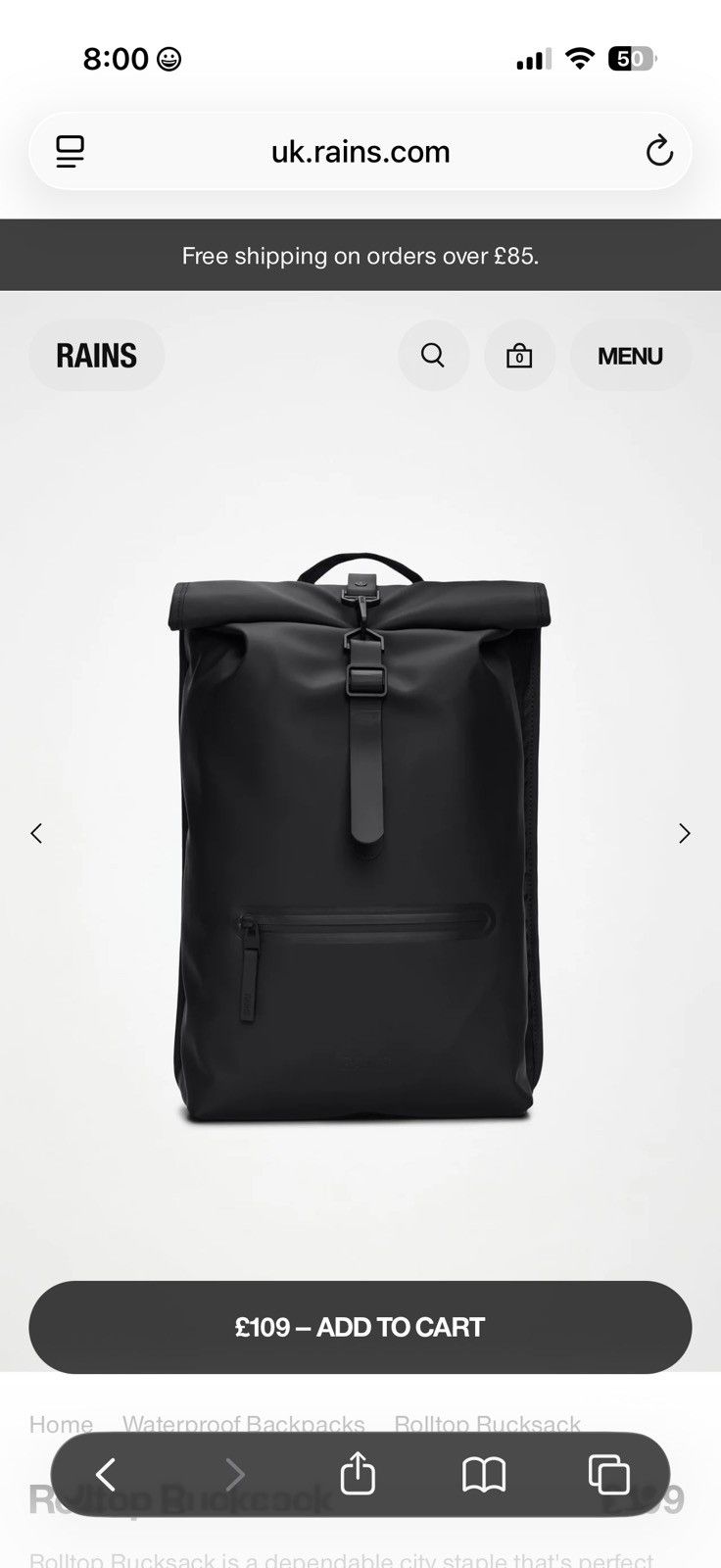 Rains Rains Waterproof Rolltop Rucksack Size ONE SIZE - 3 Thumbnail
