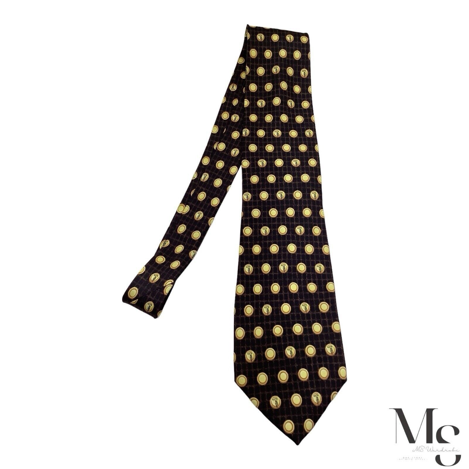 Trussardi TRUSSARDI Brown & Yellow Polka Dot Monogrammed Silk Tie Ital Size ONE SIZE - 5 Thumbnail