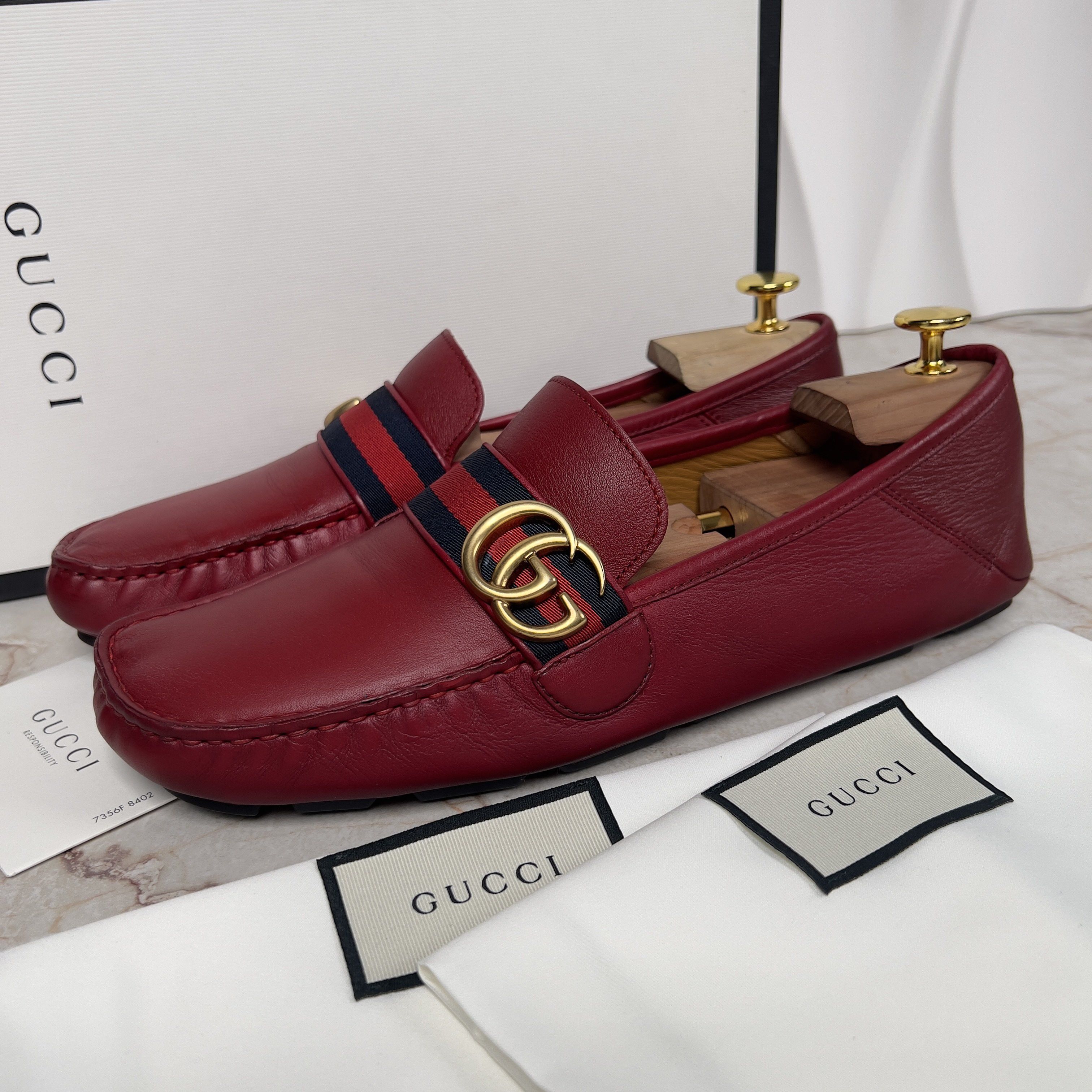Gucci Marmont Double G Web Driving Moccasin Leather Shoes in Red, Men's (Size 8.5)