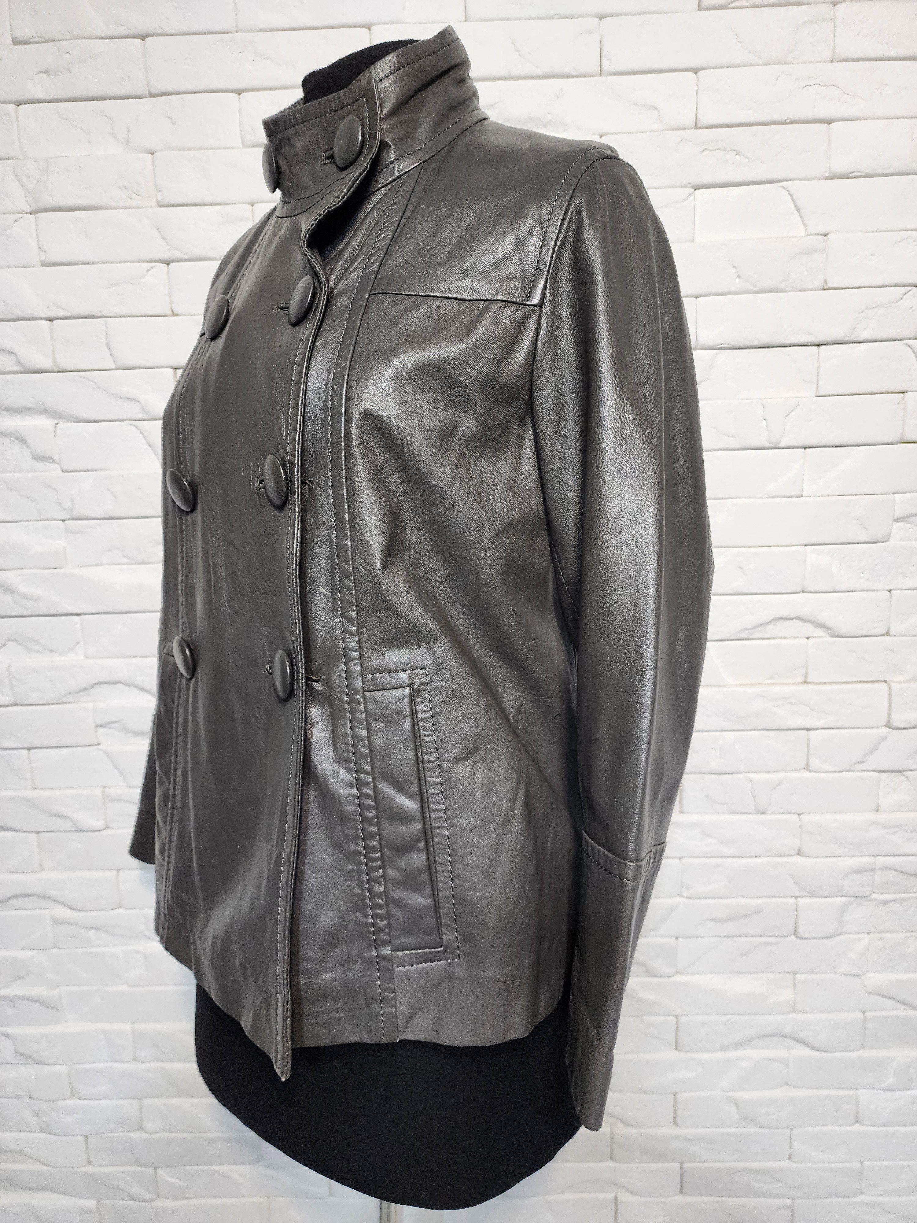Genuine Leather Gray Leather Jacket: Women's Business Style, Metal Buttons Size L / US 10 / IT 46 - 2 Thumbnail