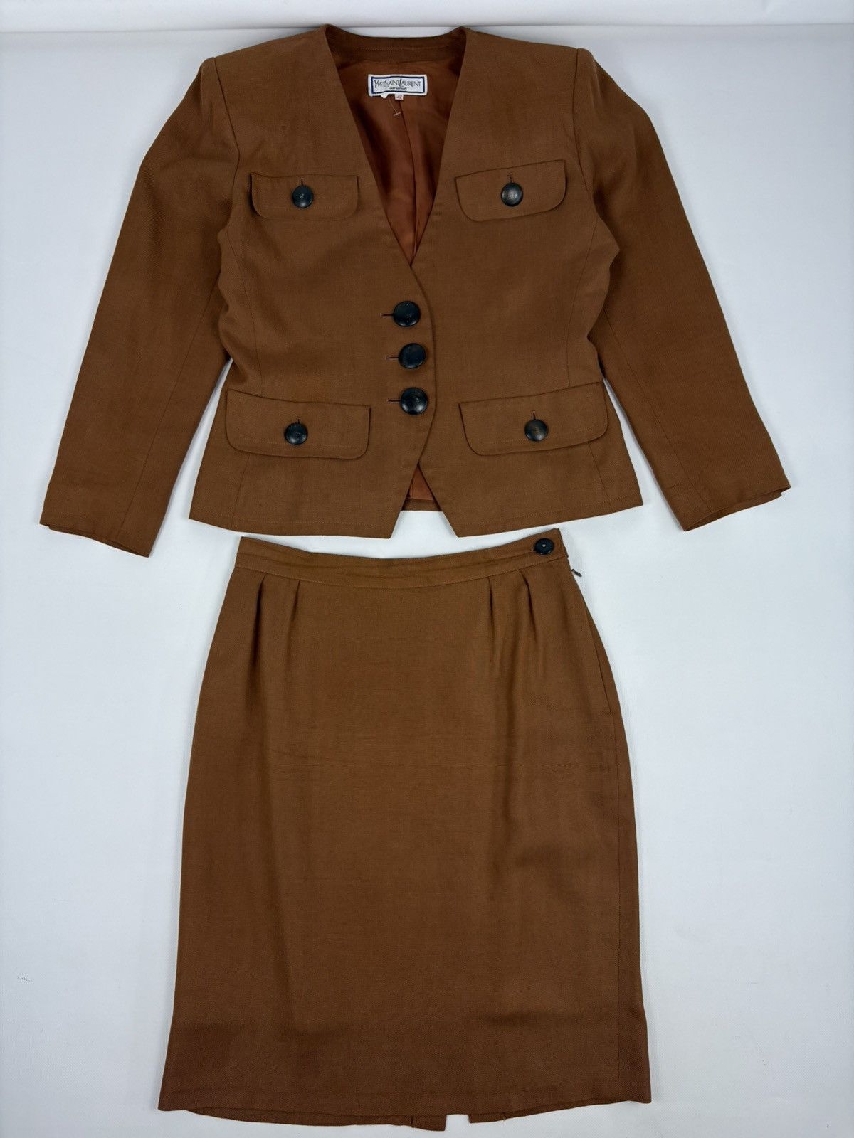 Yves Saint Laurent Rare 70's YSL Variation Rive Gauche Linen Elegant Set 2 Piece Skirt Suit Blazer Jacket Size M / US 6-8 / IT 42-44 - 3 Thumbnail