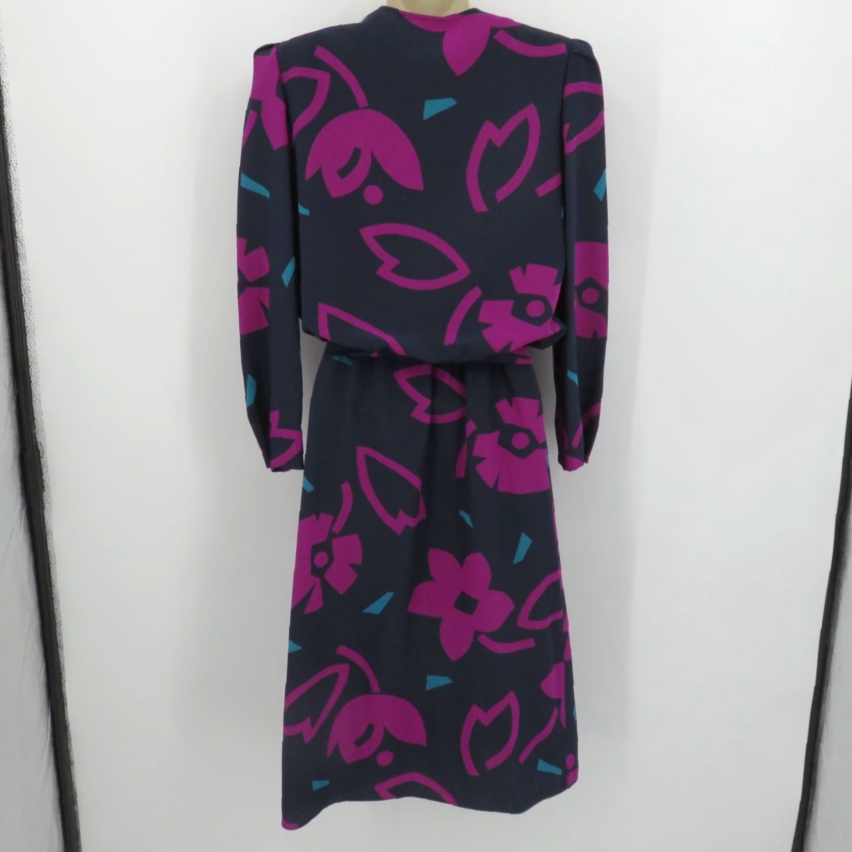 Vintage VINTAGE Sasson Women 6 Blue Purple Abstract Floral Long Sleeve Shirt Dress Padded Buttons Regular Size 6 Women Fall Spring Summer Winter Midi Dress Size M / US 6-8 / IT 42-44 - 6 Thumbnail