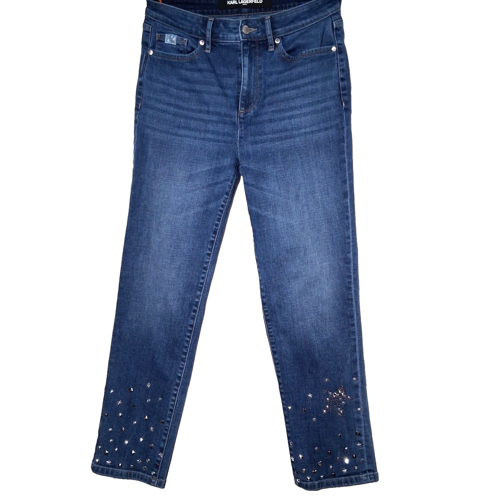 Karl Lagerfeld Karl Lagerfeld Jeans Women 29x27 Straight Leg Rhinestone Studded Stars Whiskered Denim Blue Size 29" - 2 Thumbnail