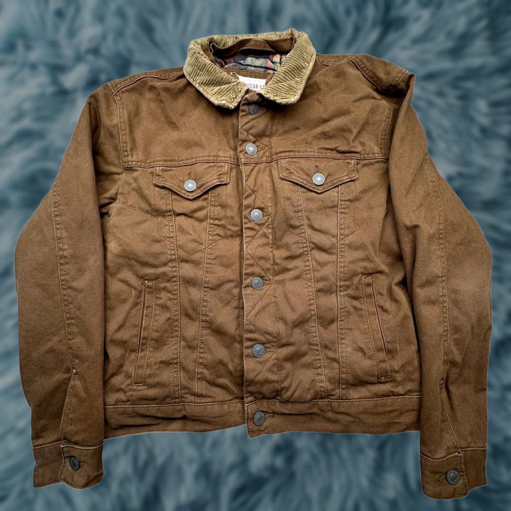 Vintage American Eagle Brown Denim Jean Trucker Jacket Mens Small Flannel Lined Button Size US 29 - 1 Thumbnail